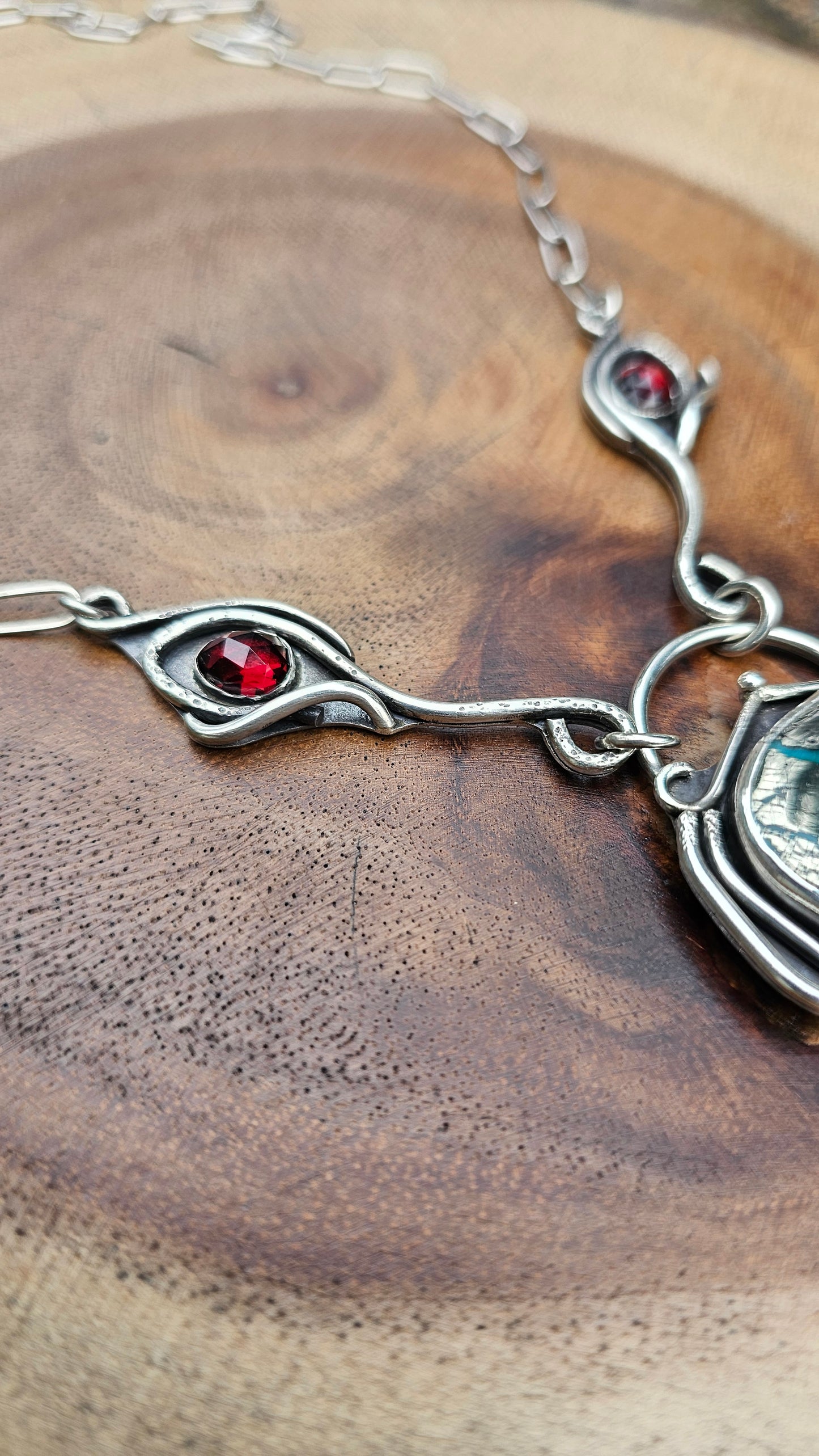x A WOLF TEMPLE Talisman Statement Necklace - Nacozari Turquoise with Garnet in Fine and Sterling Silver