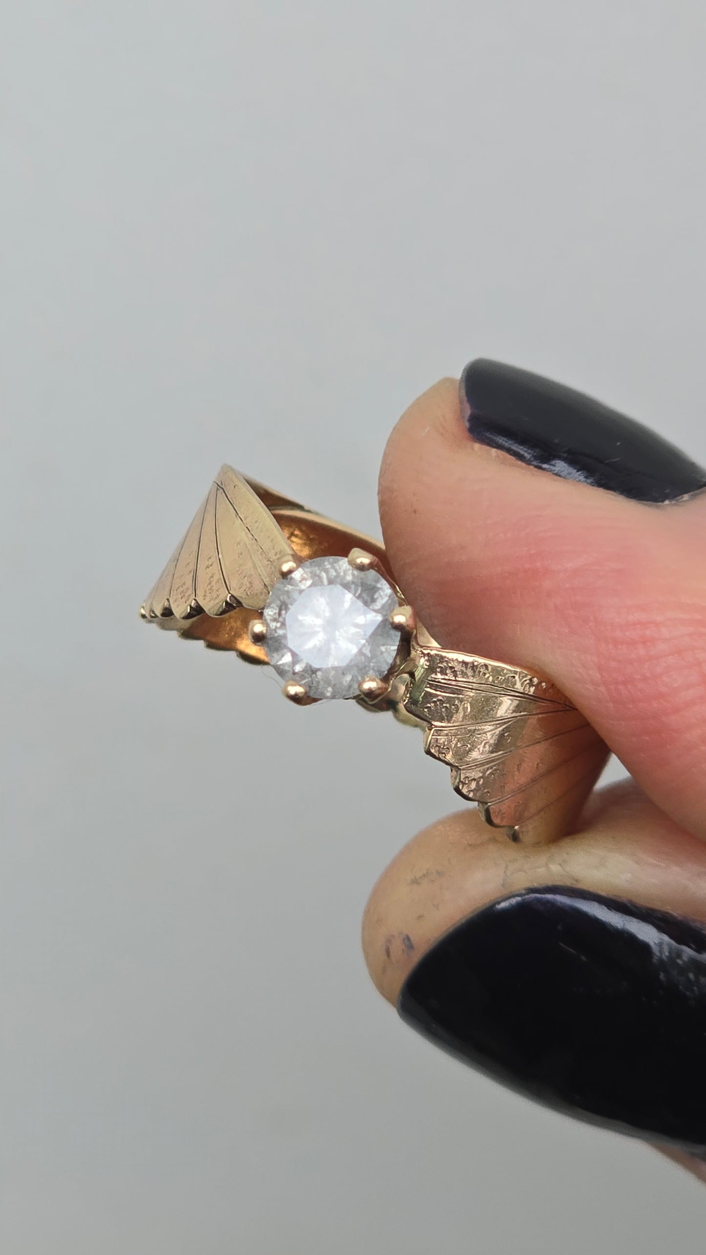 x To Live Is To Fly: WINGED Ring - (size 8/8.25) .70 Carat Salt & Pepper Diamond in Solid 14K Gold