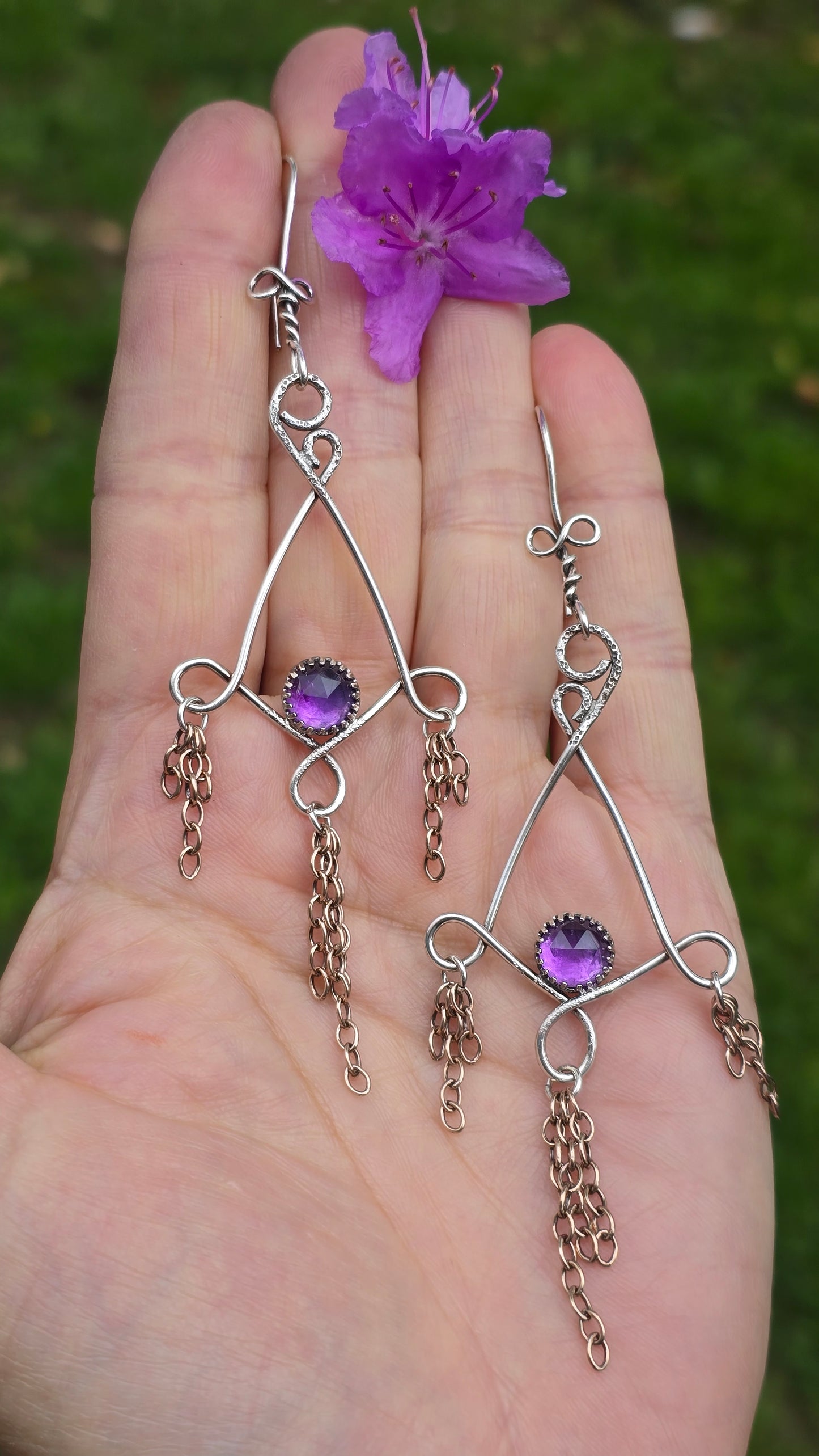SPRING RAIN Earrings- Rose Cut Amethyst in Fine and Sterling Silver with Bronze Chain Fringe