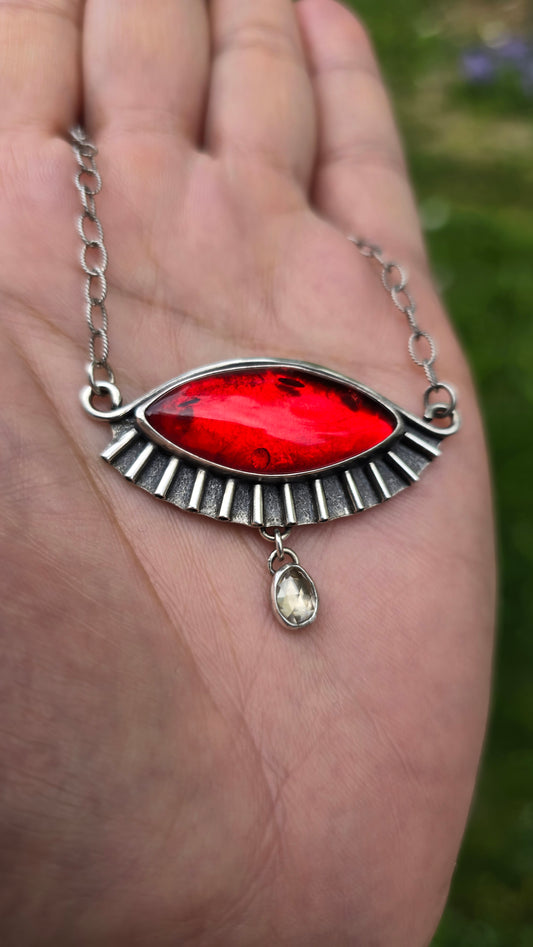 A WEARY TRAVELER Necklace - Red Amber and Rose Cut Zircon in Fine and Sterling Silver