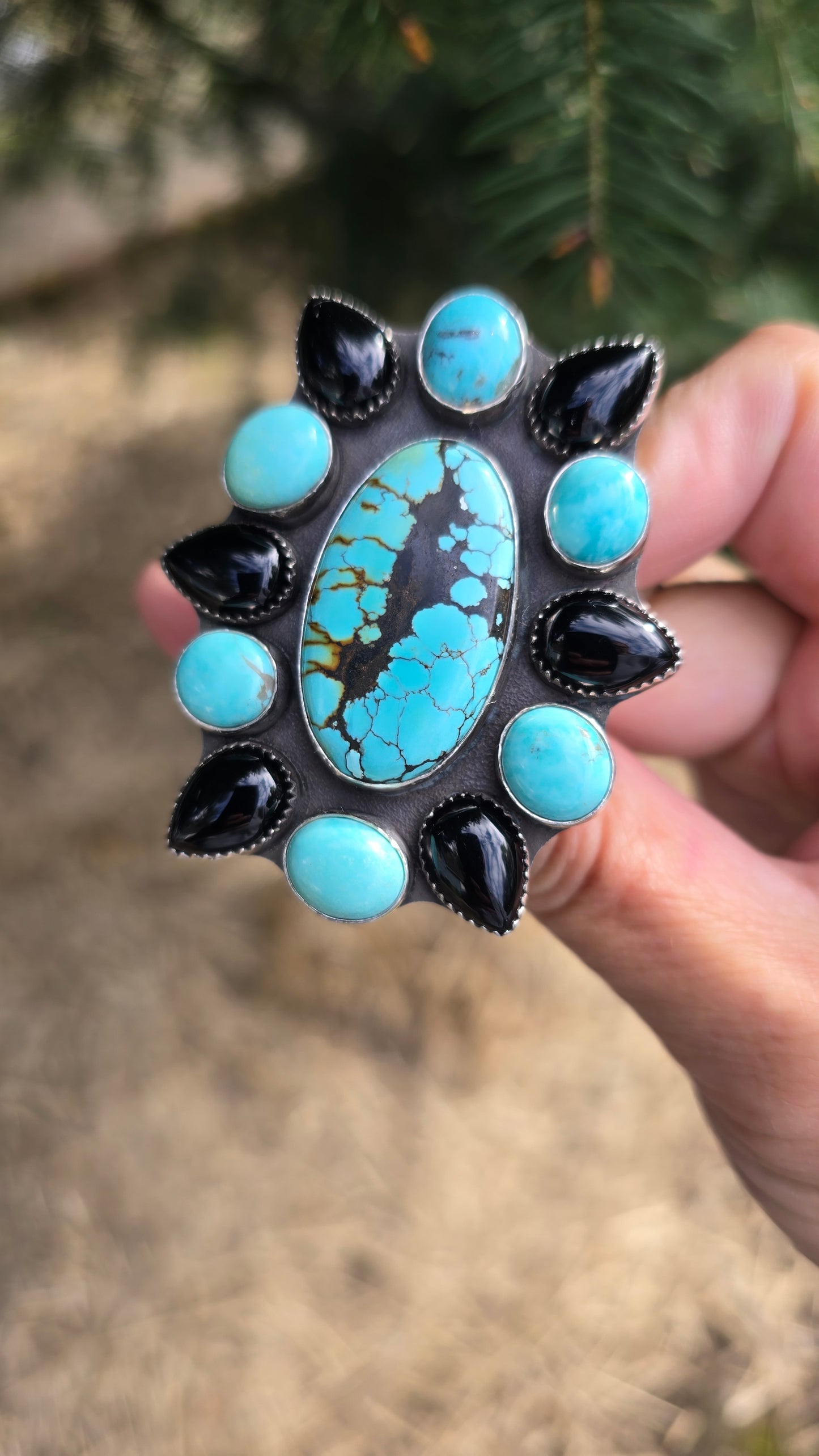 STAR Cluster Ring - Hubei and Campitos Turquoise with Onyx in Fine and Sterling Silver size 9