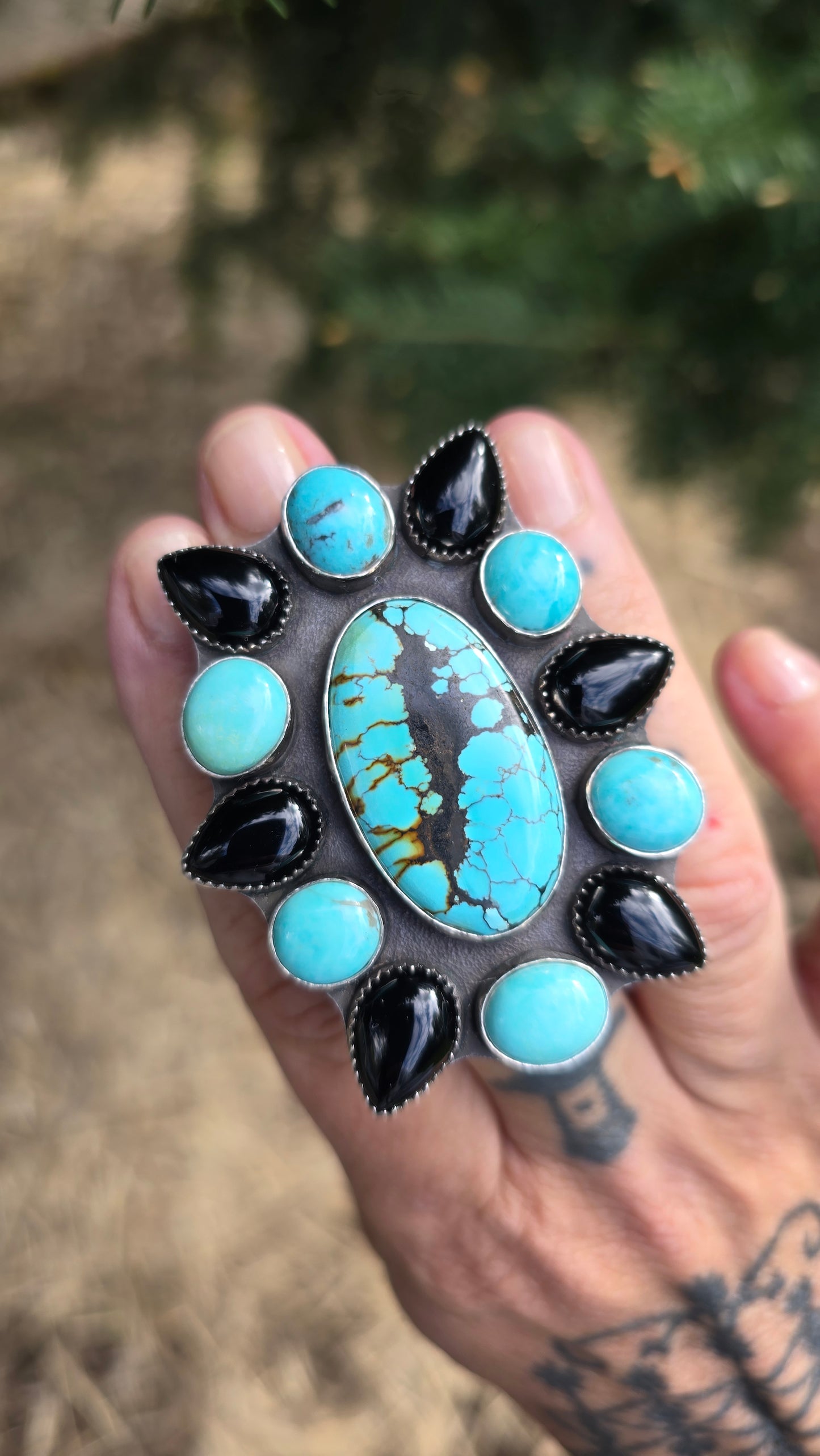 STAR Cluster Ring - Hubei and Campitos Turquoise with Onyx in Fine and Sterling Silver size 9