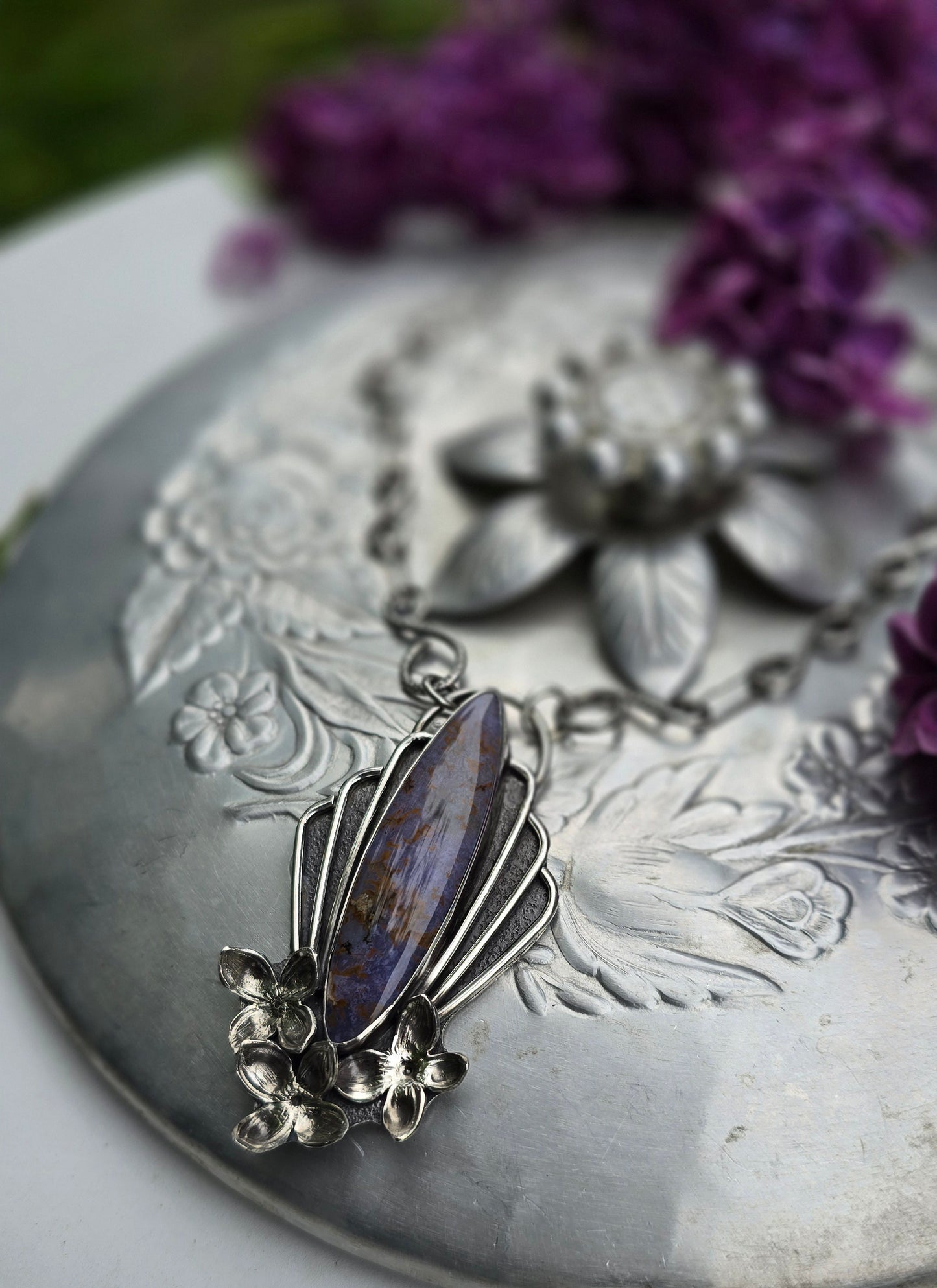LILAC BLOOMS & PLUMES Necklace - Burro Creek Plume Agate in Fine and Sterling Silver