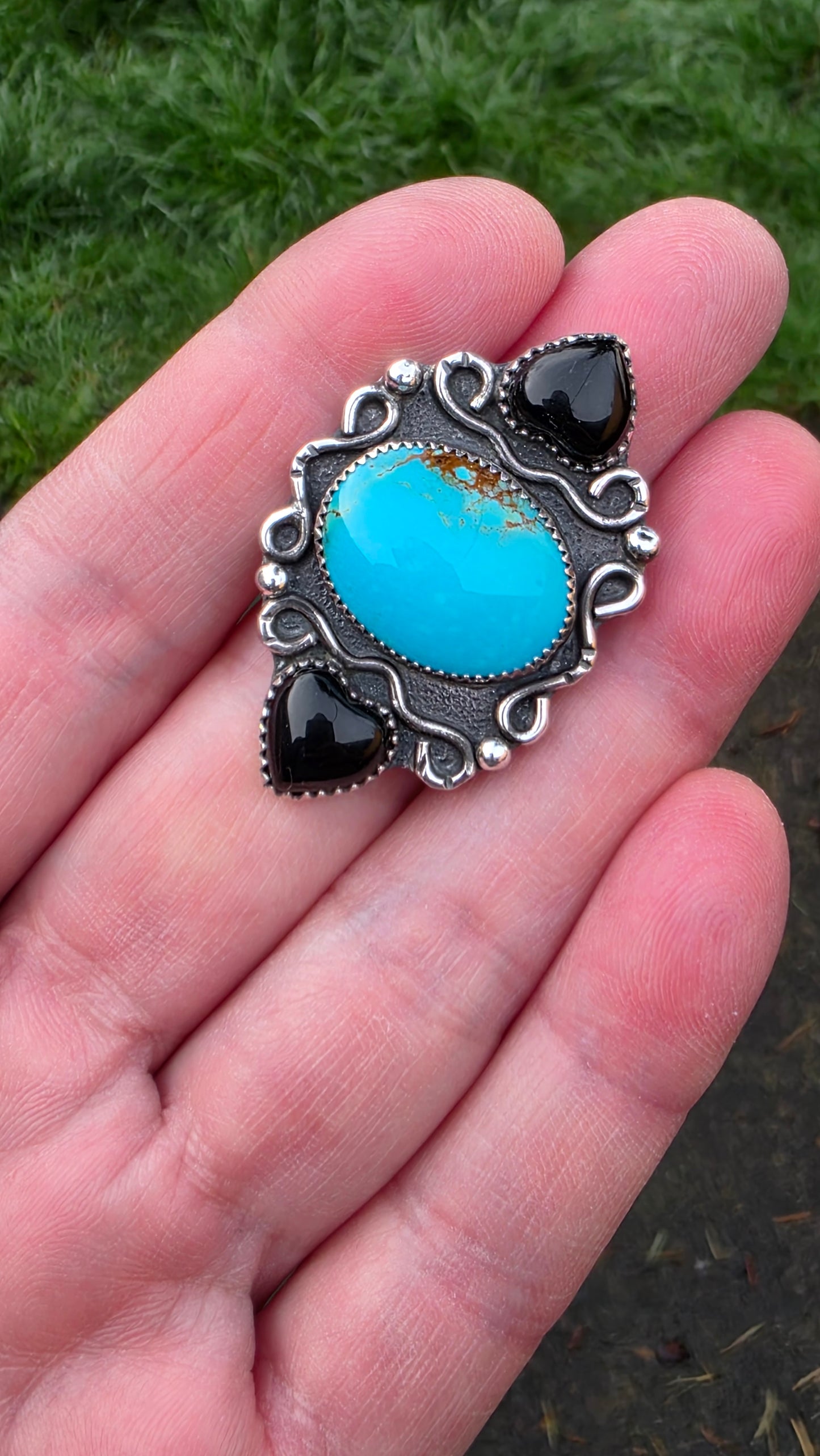 INFINITE LOVE Ring - (size 7) Kingman Turquoise with Onyx in All Sterling Silver