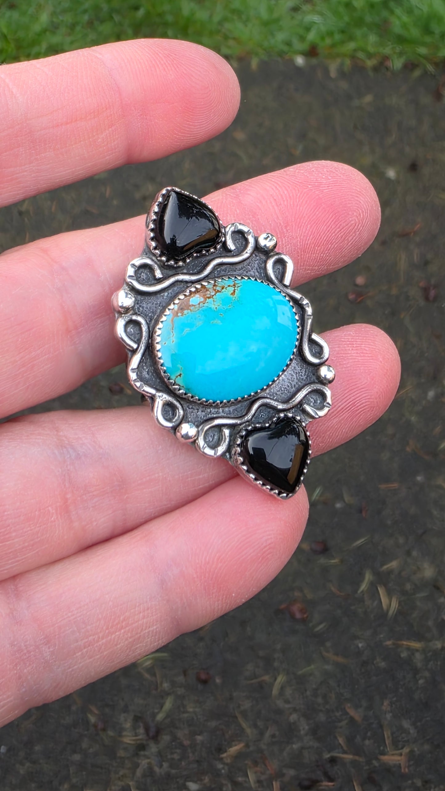 INFINITE LOVE Ring - (size 7) Kingman Turquoise with Onyx in All Sterling Silver