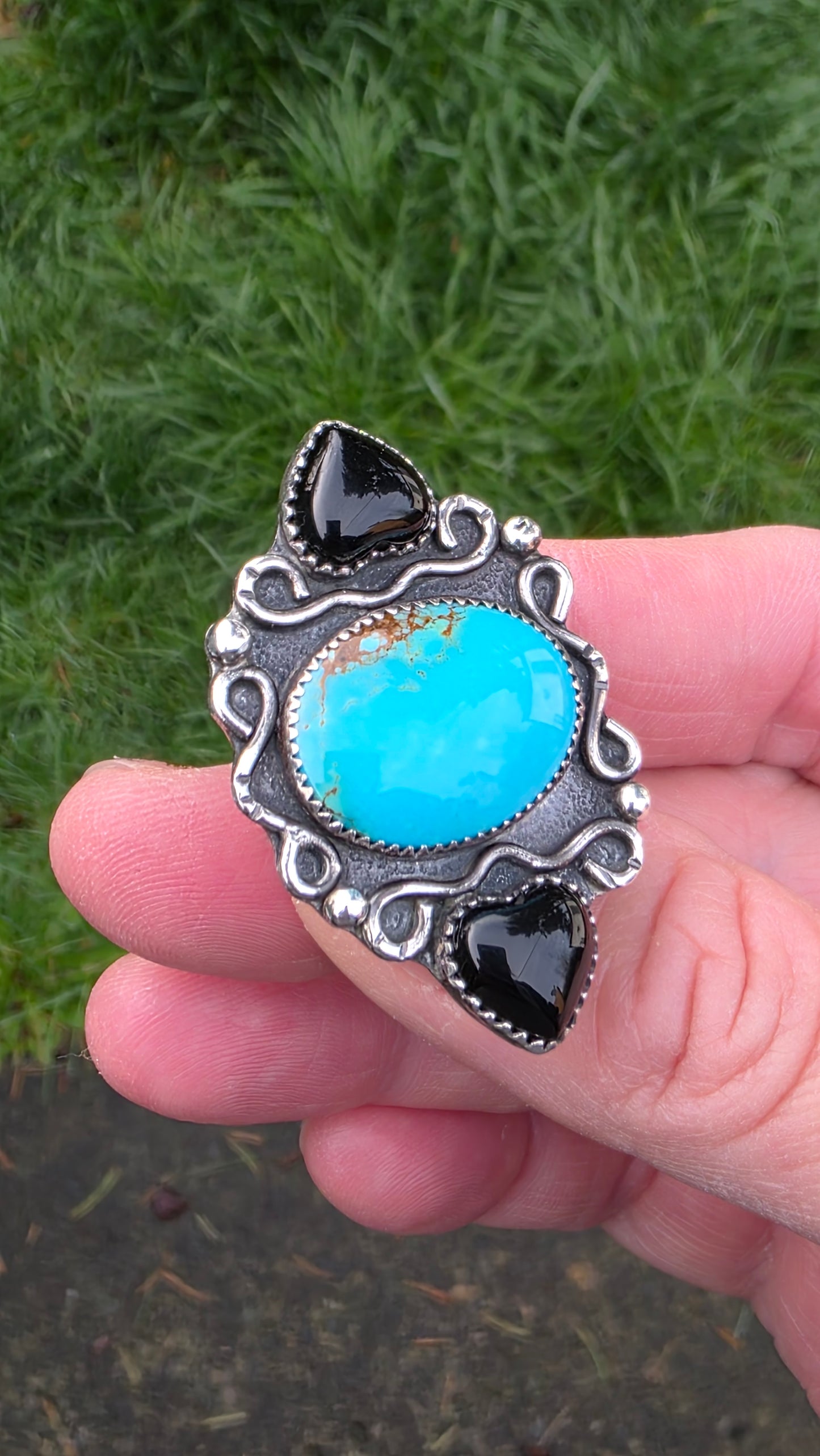 INFINITE LOVE Ring - (size 7) Kingman Turquoise with Onyx in All Sterling Silver
