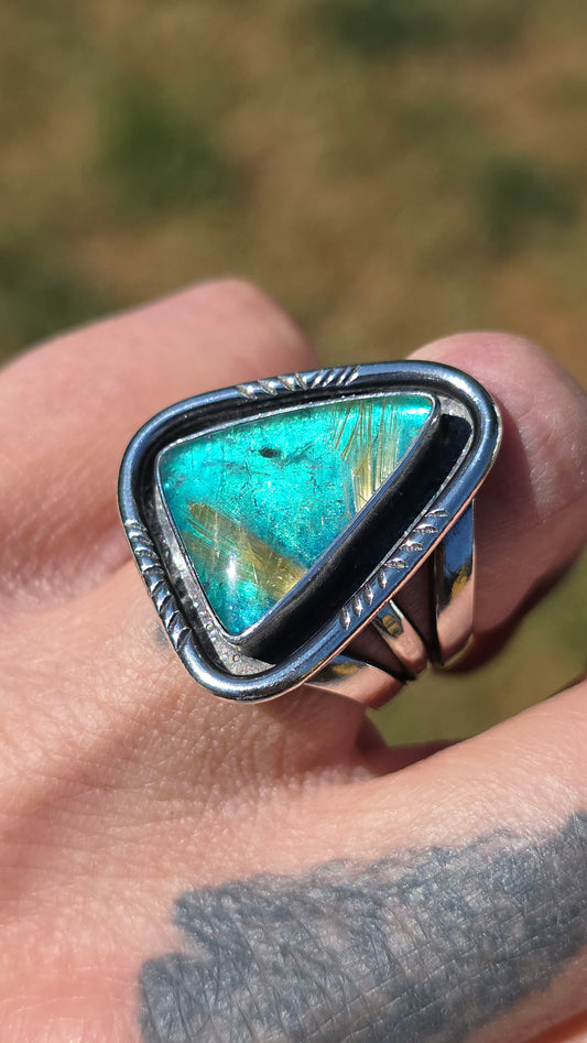 ATLANTIS Ring - (size 8 - 8.25) Rutilated Quartz and Dichroic Art Glass Doublet in All Sterling Silver
