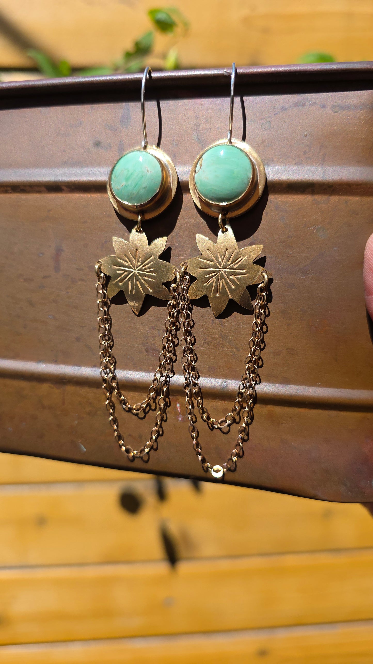 SUN'S GOLDEN GREEN Earrings - Australian Variscite in Jeweler's Brass with Sterling Silver Ear Wires