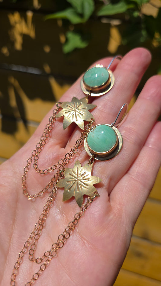 SUN'S GOLDEN GREEN Earrings - Australian Variscite in Jeweler's Brass with Sterling Silver Ear Wires