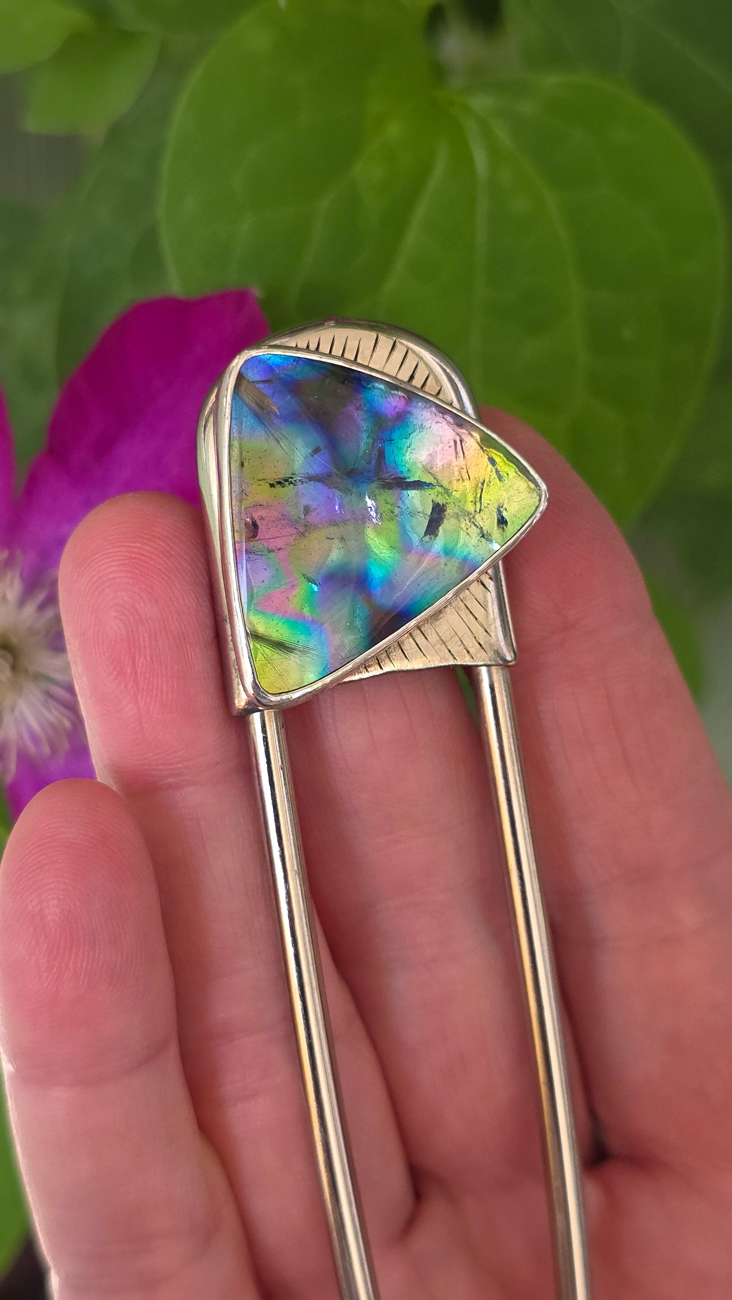 x SAFETY PIN - Rutilated Quartz + Dichroic Art Glass Doublet in Sterling Silver on Steel Pin