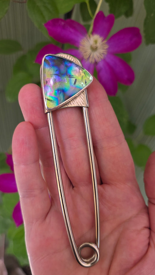 x SAFETY PIN - Rutilated Quartz + Dichroic Art Glass Doublet in Sterling Silver on Steel Pin
