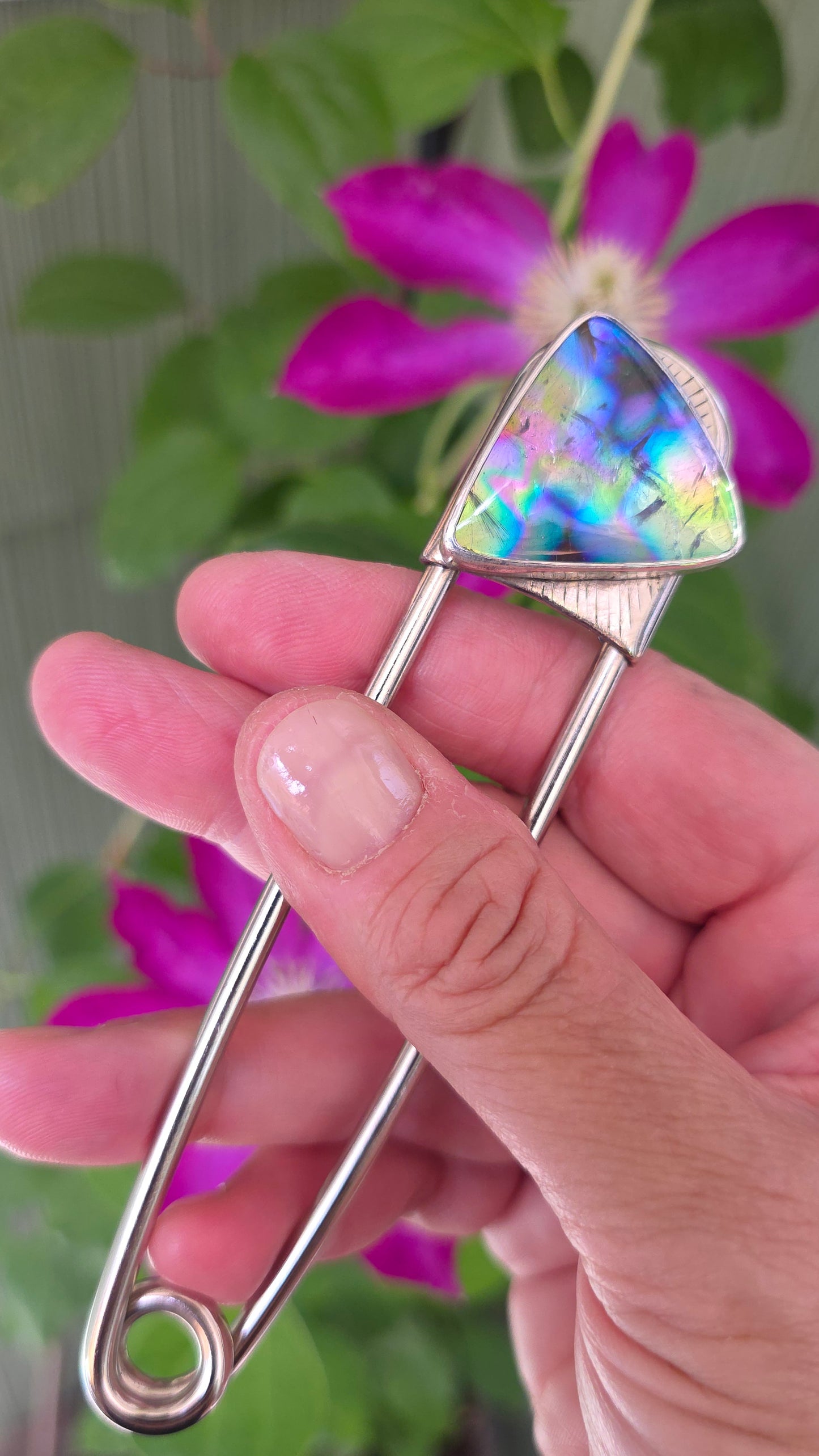 x SAFETY PIN - Rutilated Quartz + Dichroic Art Glass Doublet in Sterling Silver on Steel Pin