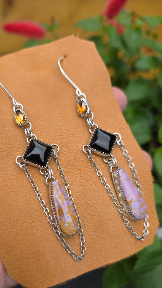 MAJESTÉ Earrings - Phosphosiderite, Onyx and Rose Cut Zircon in Fine and Sterling Silver