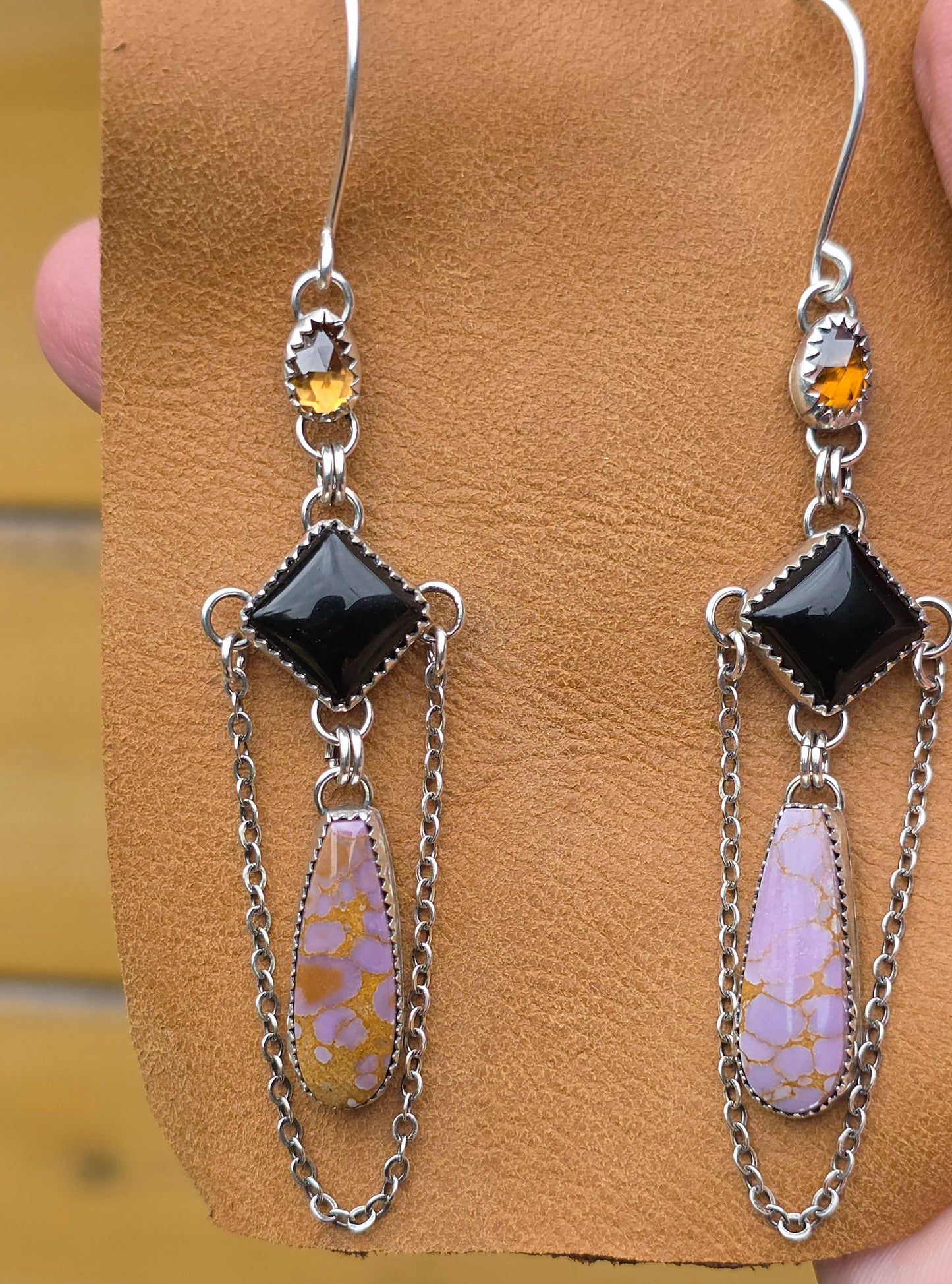 MAJESTÉ Earrings - Phosphosiderite, Onyx and Rose Cut Zircon in Fine and Sterling Silver