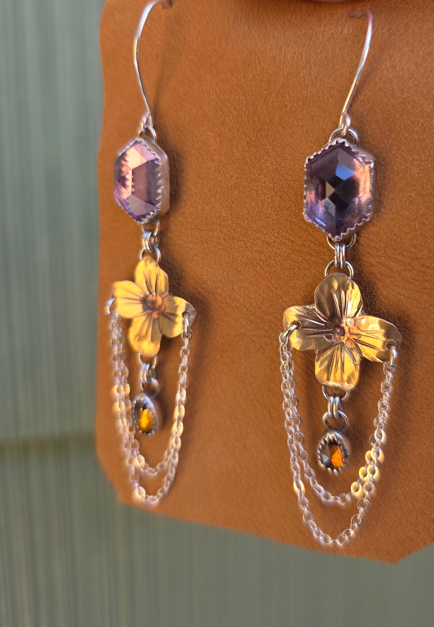 HEX Drop Earrings - Hex Cut Amethyst and Rose Cut Zircon in Fine and Sterling Silver with Brass Accent