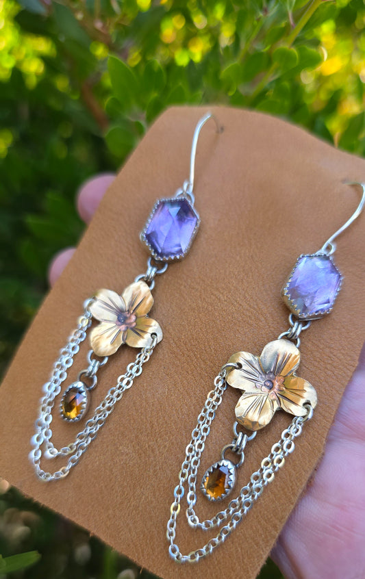 HEX Drop Earrings - Hex Cut Amethyst and Rose Cut Zircon in Fine and Sterling Silver with Brass Accent