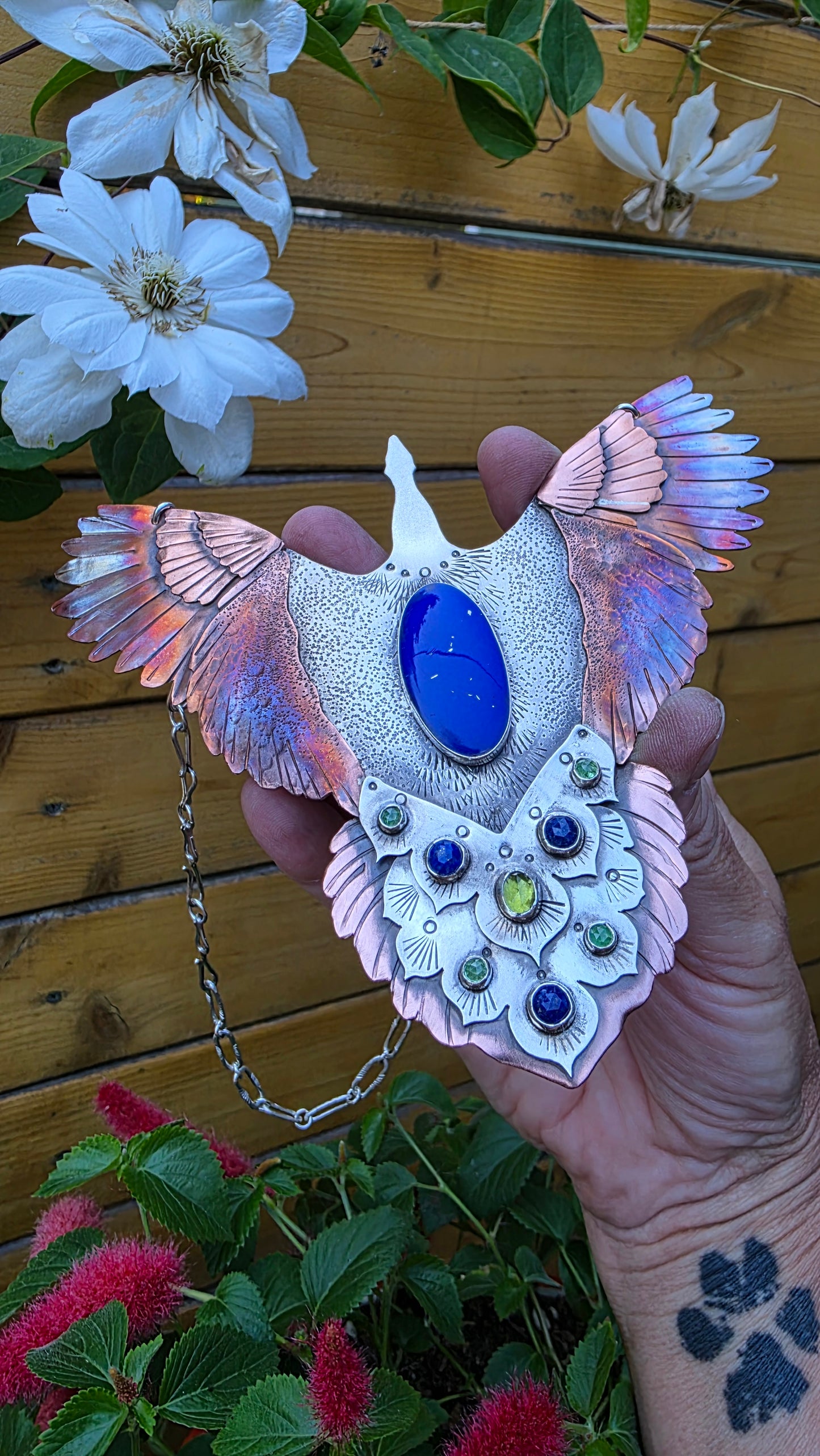 x SHINE BRIGHT LIKE A PEACOCK IN THE GOLDEN SUN Statement Necklace- Lapis Lazuli and Peridot in Sterling Silver and Copper