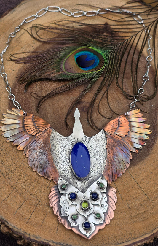 x SHINE BRIGHT LIKE A PEACOCK IN THE GOLDEN SUN Statement Necklace- Lapis Lazuli and Peridot in Sterling Silver and Copper