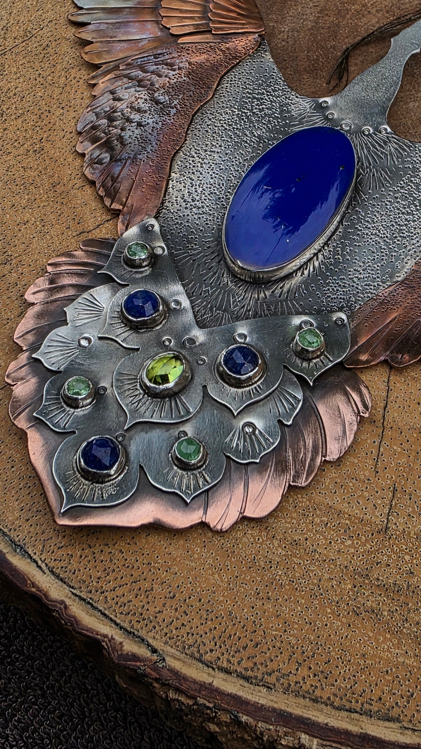 x SHINE BRIGHT LIKE A PEACOCK IN THE GOLDEN SUN Statement Necklace- Lapis Lazuli and Peridot in Sterling Silver and Copper