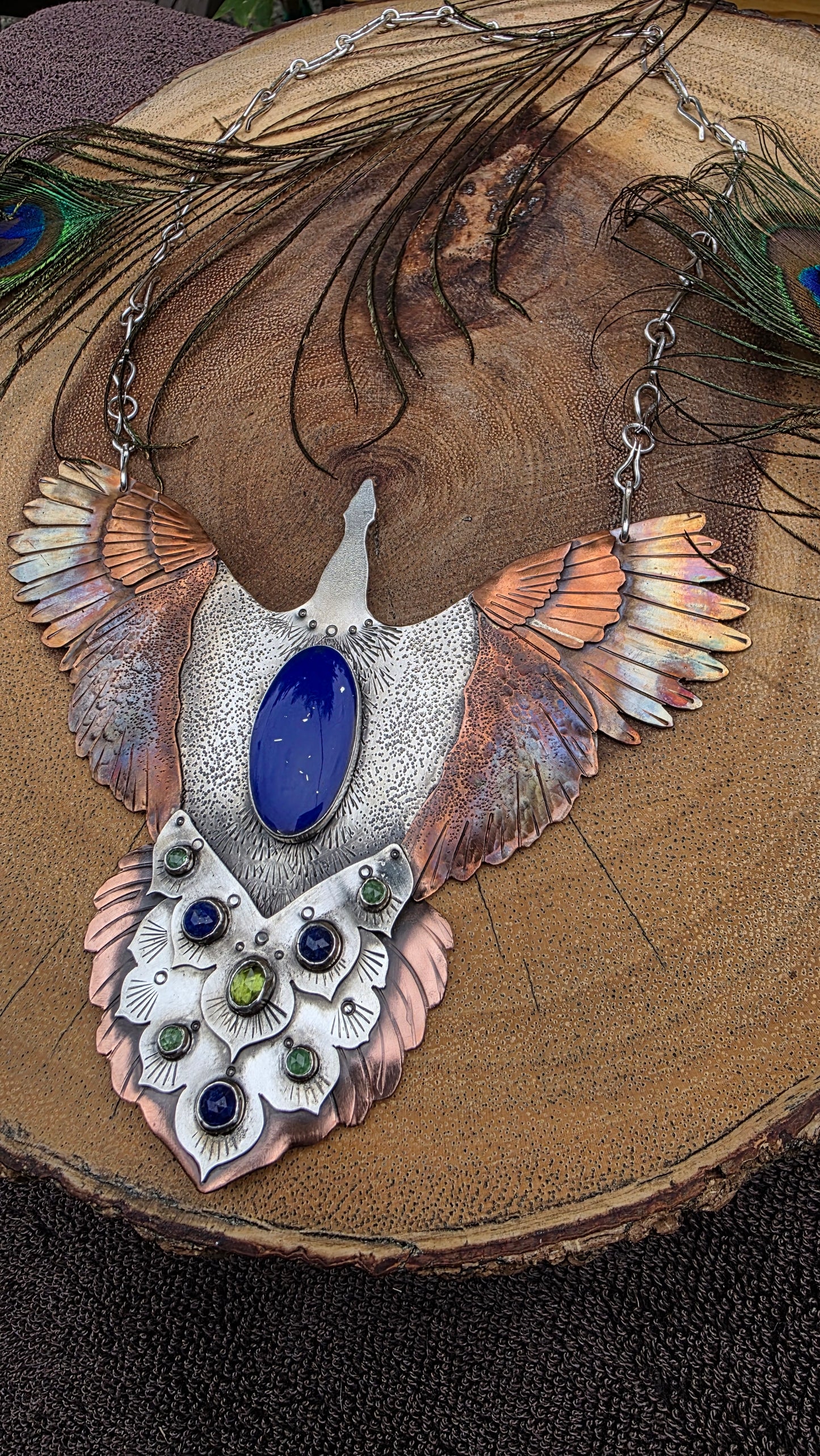 x SHINE BRIGHT LIKE A PEACOCK IN THE GOLDEN SUN Statement Necklace- Lapis Lazuli and Peridot in Sterling Silver and Copper