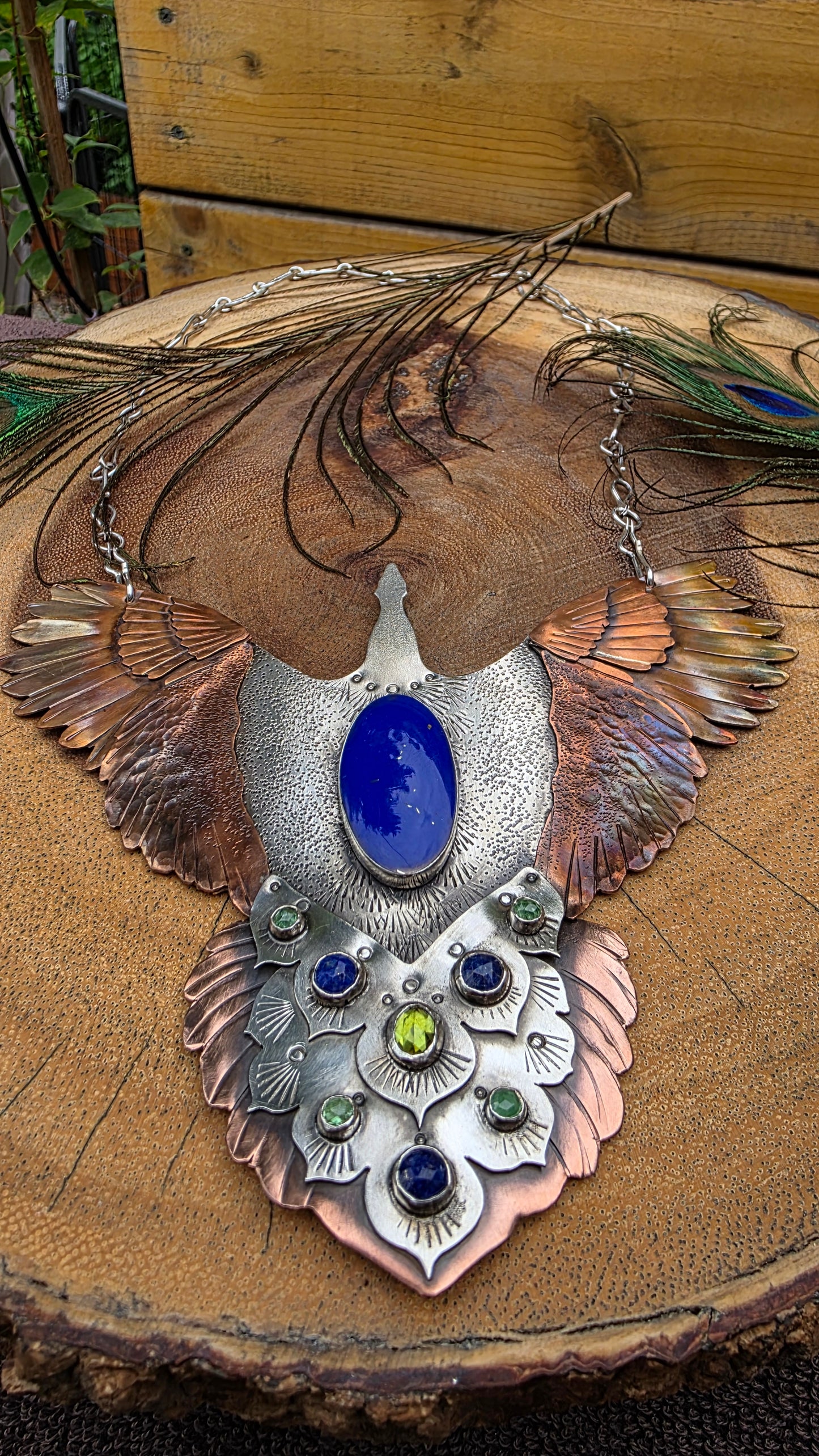 x SHINE BRIGHT LIKE A PEACOCK IN THE GOLDEN SUN Statement Necklace- Lapis Lazuli and Peridot in Sterling Silver and Copper