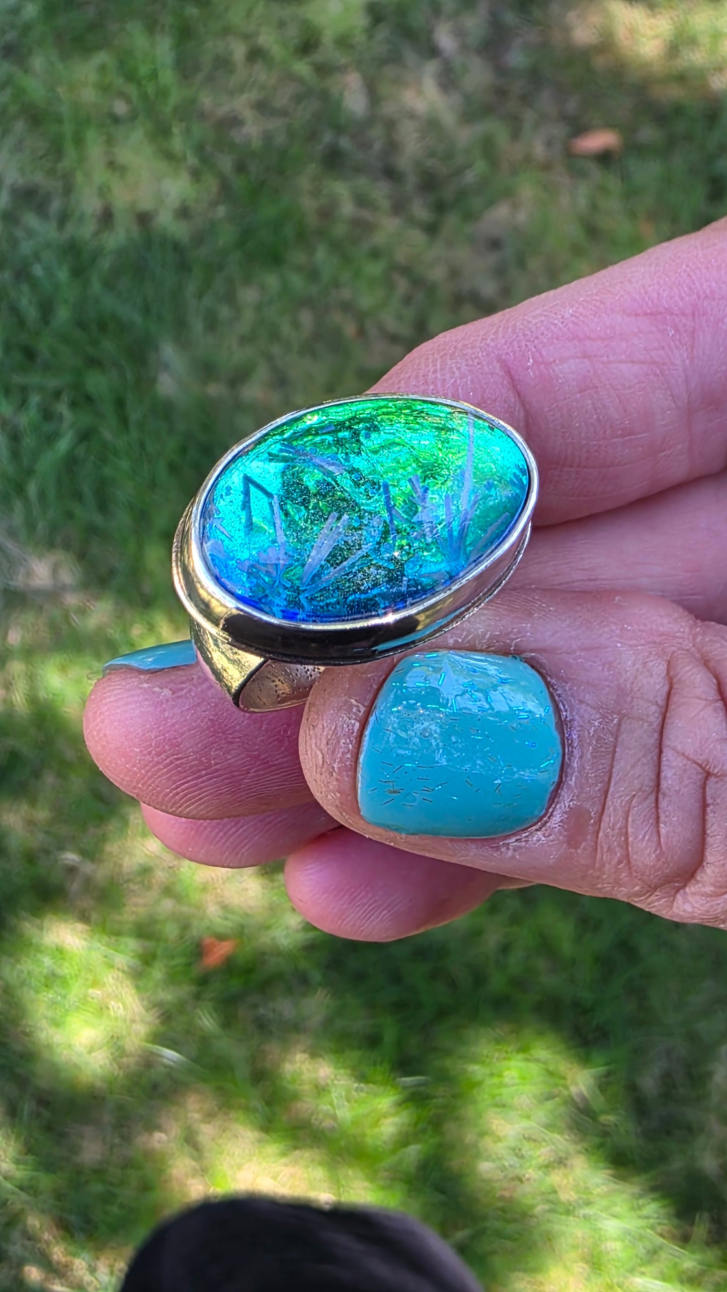 DEEPEST OCEAN Ring - (size 9) Bridewell Stone + Dichroic Art Glass Doublet in All Sterling Silver