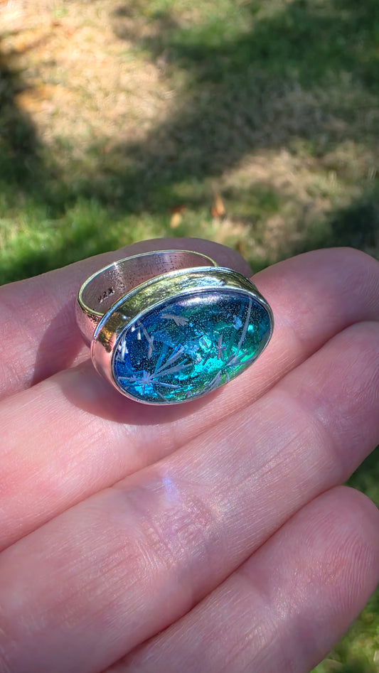DEEPEST OCEAN Ring - (size 9) Bridewell Stone + Dichroic Art Glass Doublet in All Sterling Silver
