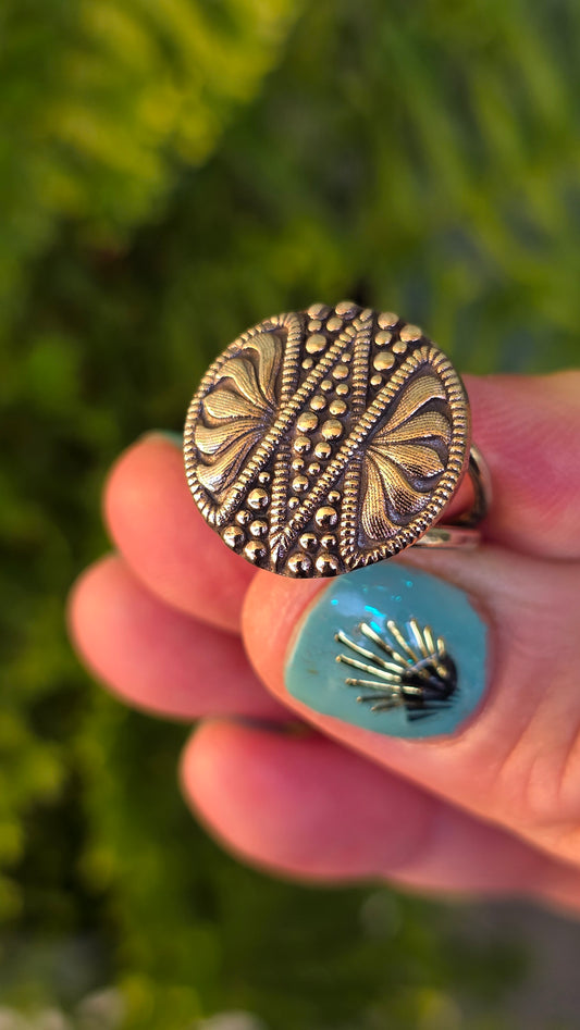 ORNATE BUTTON Ring - (size 7) Solid Bronze and Sterling Silver