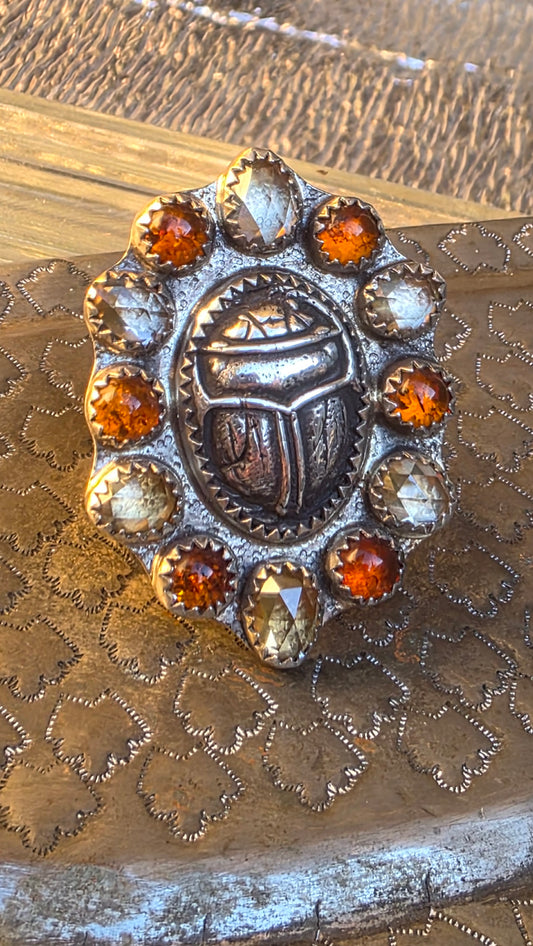 GUARDIAN Ring - (size 8-8.25) Fine Silver Scarab with Rose Cut Zircon and Baltic Amber in Fine and Sterling Silver