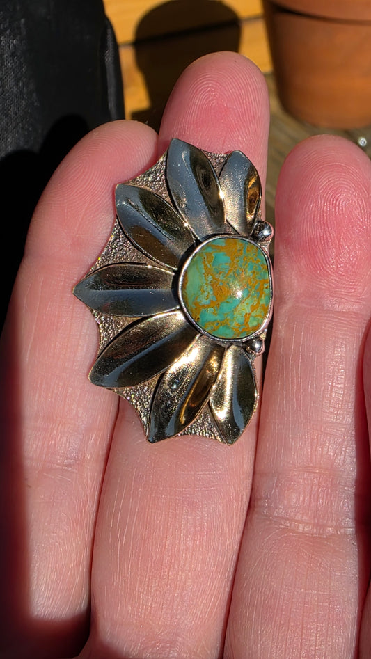 HALF PETALS Ring - (size 6.75-7) Rising Phoenix Turquoise in Sterling Silver and Jeweler's Brass