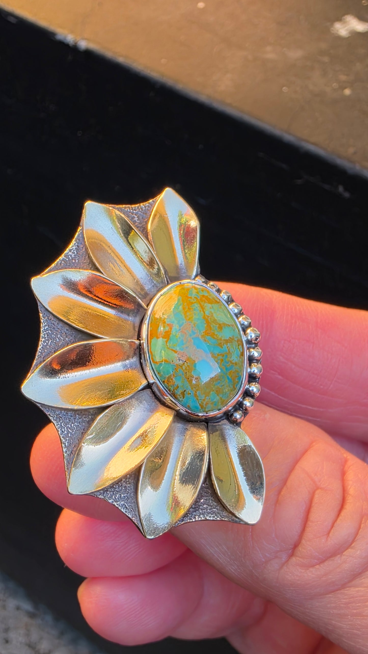 HALF PETALS Ring - (size 5.5- 5.75) Rising Phoenix Turquoise in Sterling Silver and Jeweler's Brass