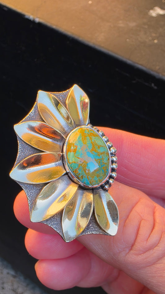 HALF PETALS Ring - (size 5.5- 5.75) Rising Phoenix Turquoise in Sterling Silver and Jeweler's Brass