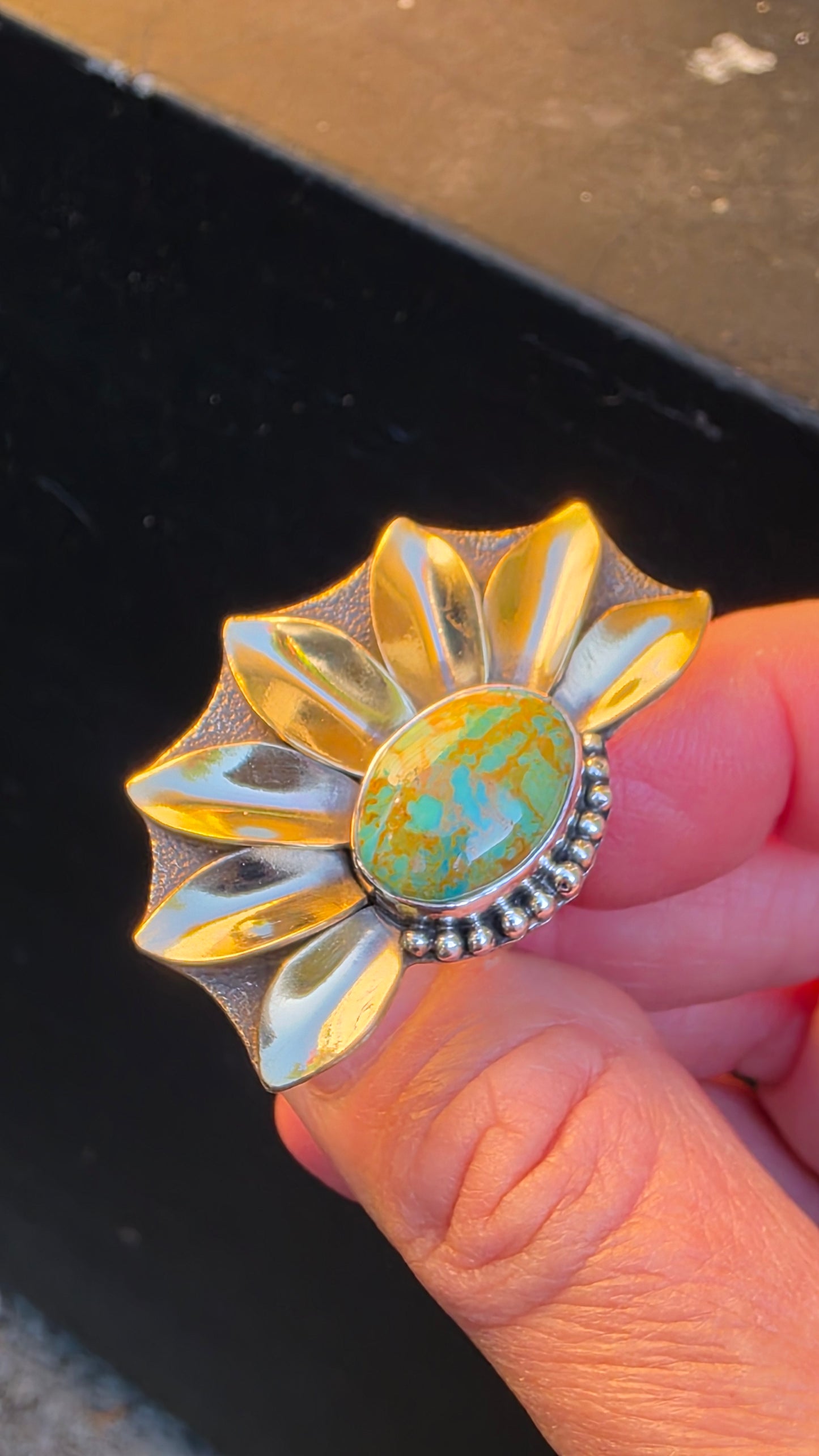 HALF PETALS Ring - (size 5.5- 5.75) Rising Phoenix Turquoise in Sterling Silver and Jeweler's Brass