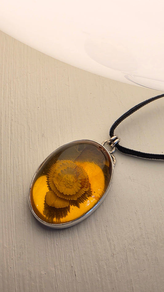 INTAGLIO AMBER POPPY Pendant - Sterling and Fine Silver