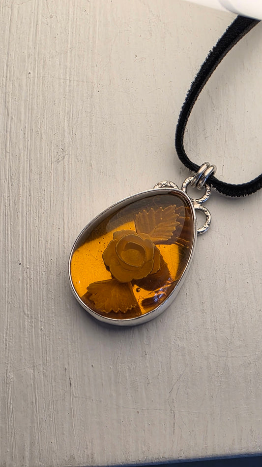 INTAGLIO AMBER ROSE Pendant - Sterling and Fine Silver