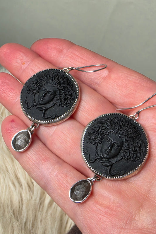 HEAD OF MEDUSA Earrings - Silver Sheen Obsidian and All Sterling Silver