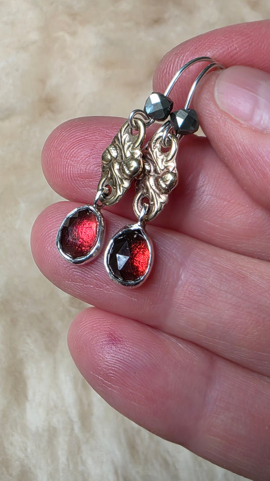 ACORN LINK Earrings - Garnet and All Sterling Silver with Jeweler's Brass