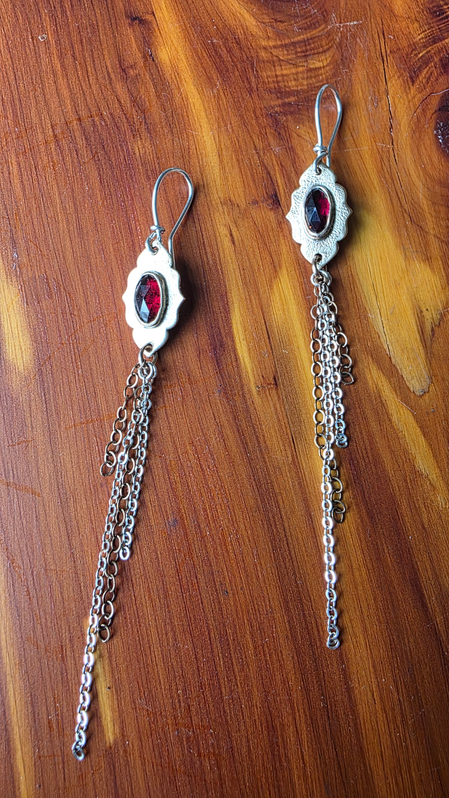 Garnet Fringe Earrings - Rose Cut Garnet in Jeweler's Brass and Sterling Silver