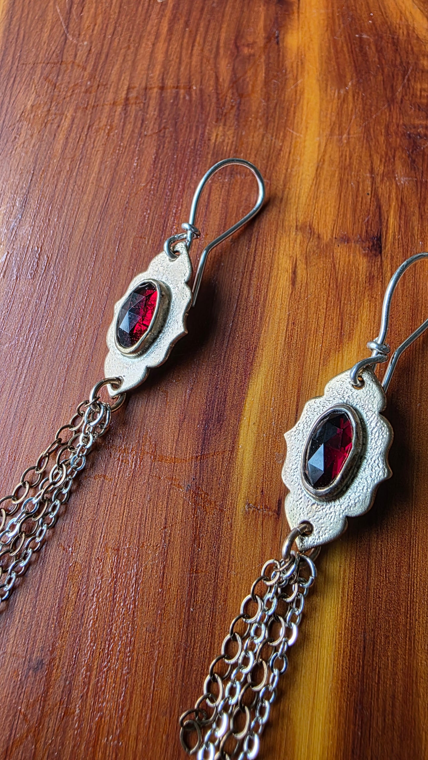 Garnet Fringe Earrings - Rose Cut Garnet in Jeweler's Brass and Sterling Silver