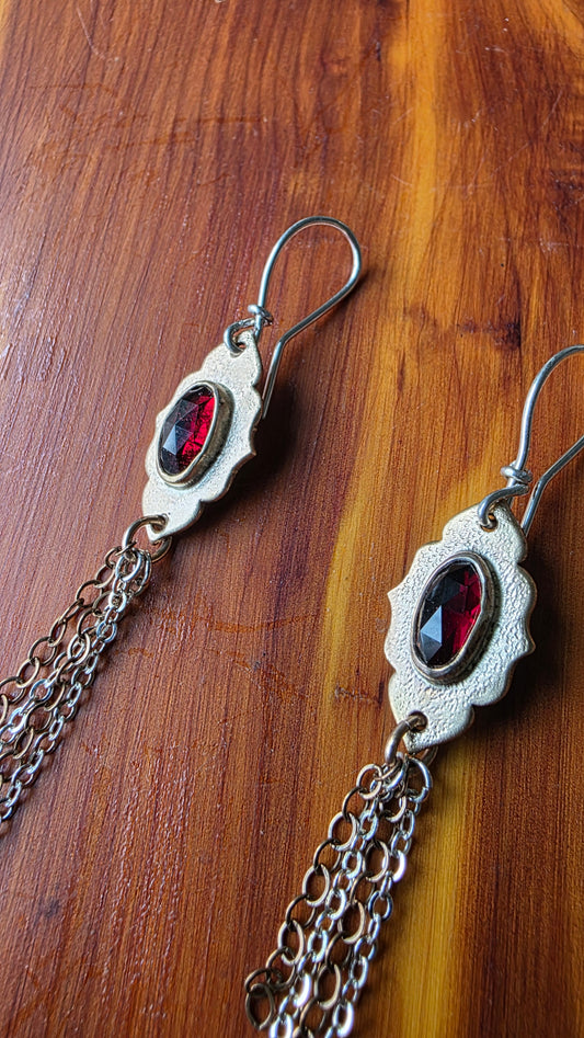 Garnet Fringe Earrings - Rose Cut Garnet in Jeweler's Brass and Sterling Silver