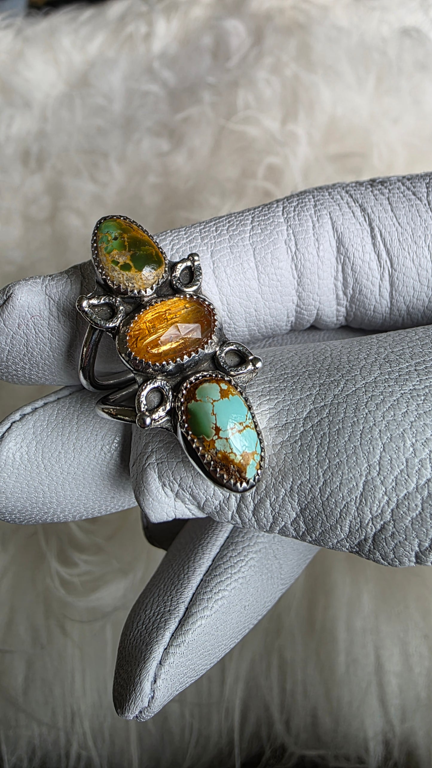 Ring - (size 6.5) Polychrome Stone Mountain Turquoise and Imperial Topaz + All Sterling Silver