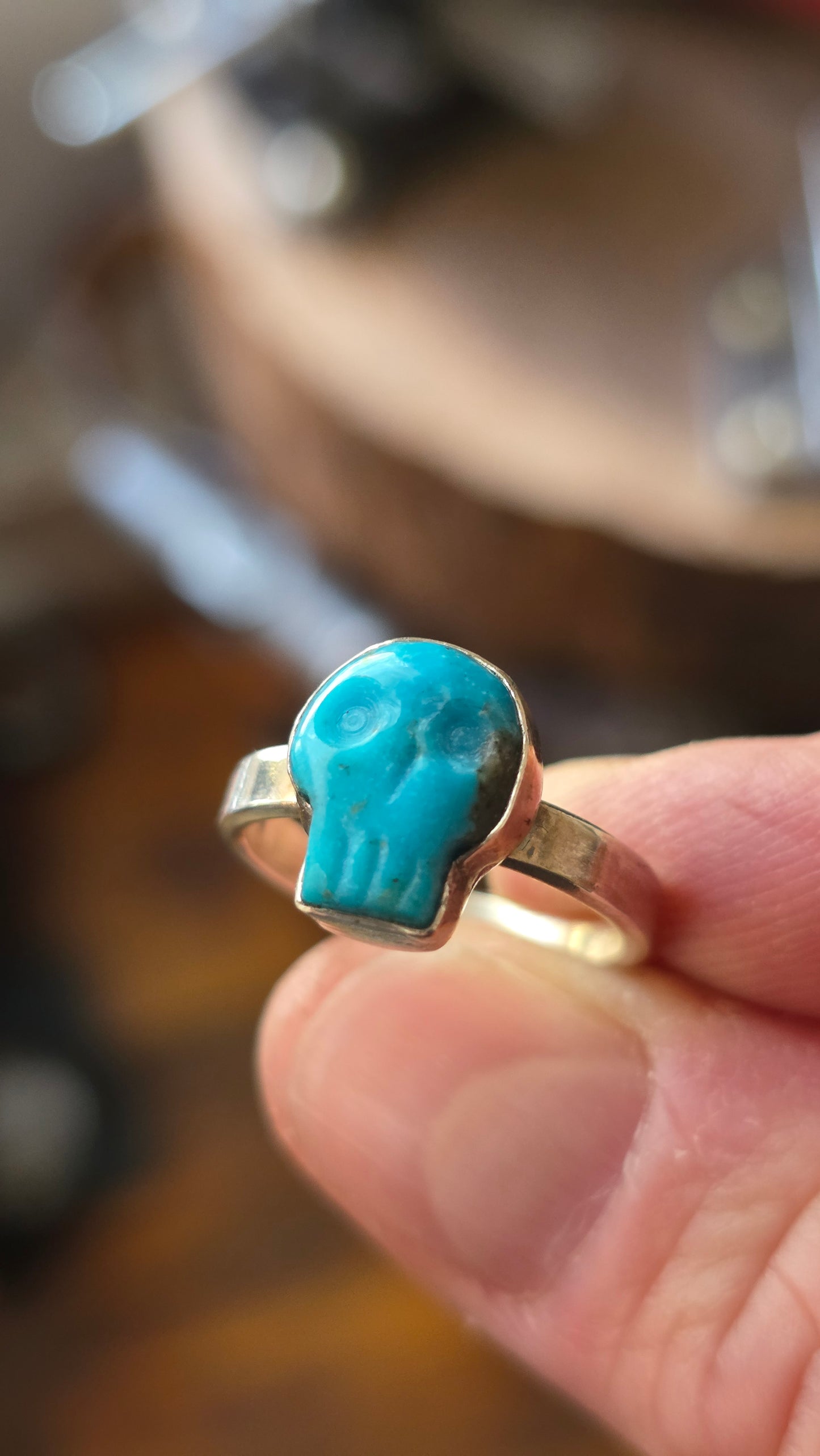 SKULL Ring - (size 7.25) Hand Carved Kingman Turquoise + All Sterling Silver