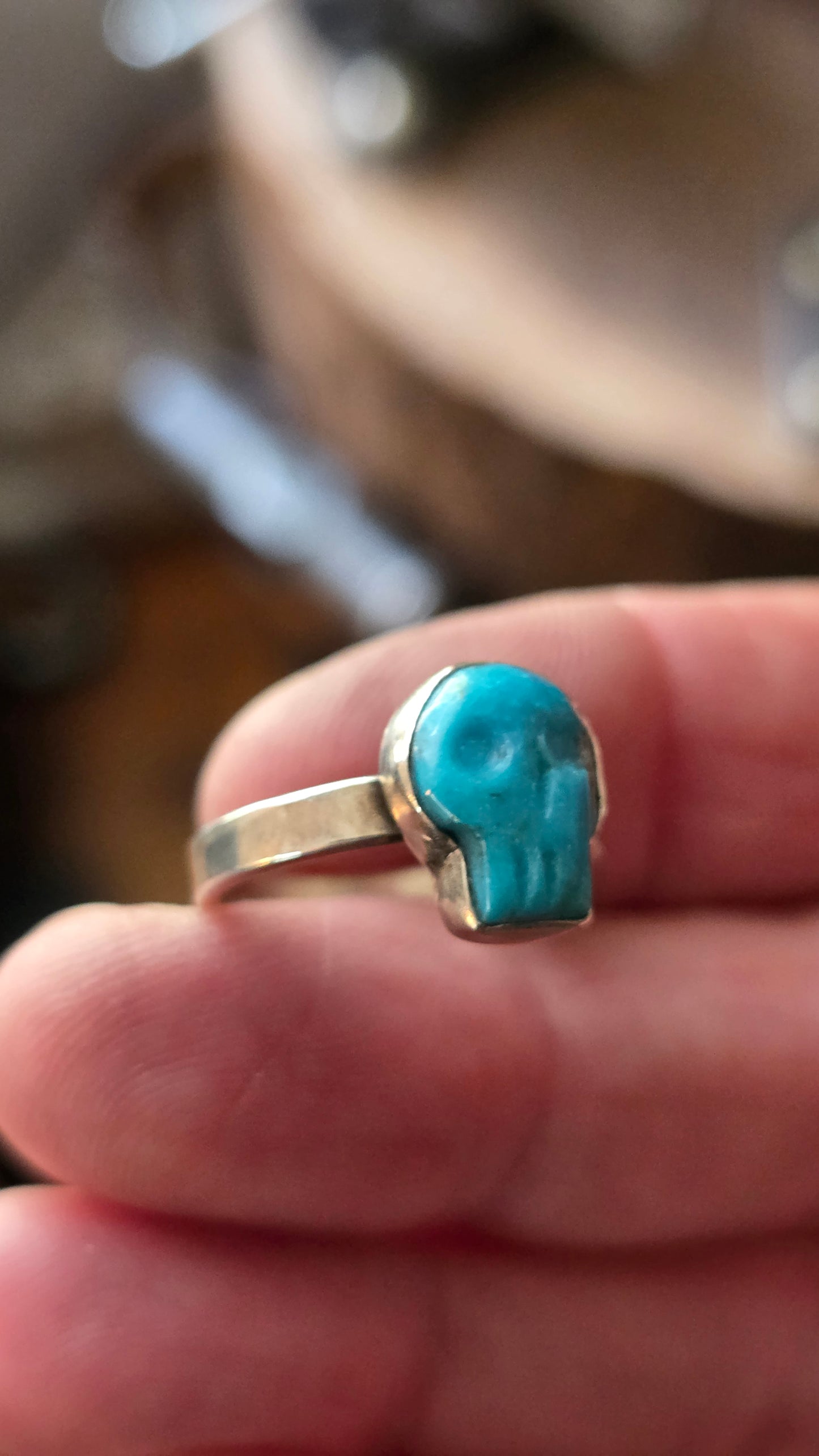 SKULL Ring - (size 7.25) Hand Carved Kingman Turquoise + All Sterling Silver