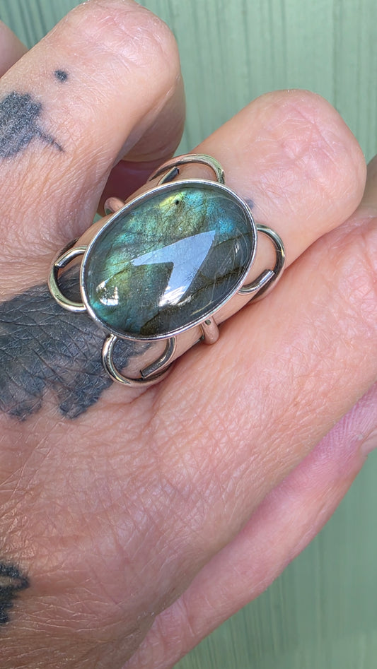 CURLING HEARTS Ring - (size 9.5/9.75) Labradorite + Sterling Silver