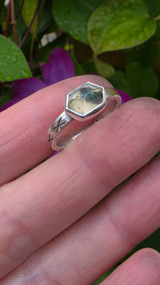 HEX Ring - (size 10) Moss Plume Agate in All Sterling Silver