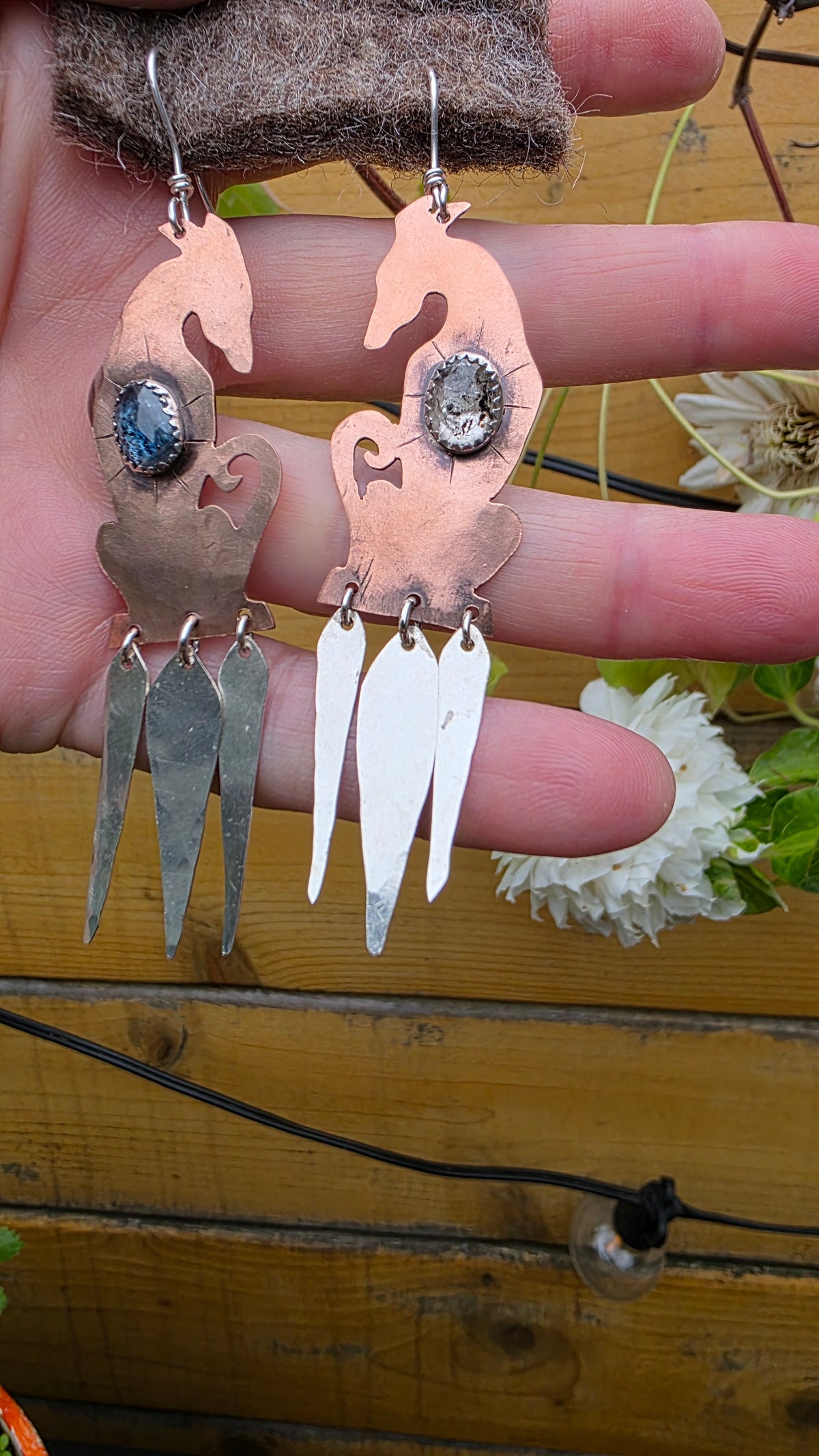 HOUNDS Earrings - Herkimer + Tanzanite in Hammered Copper and Sterling Silver
