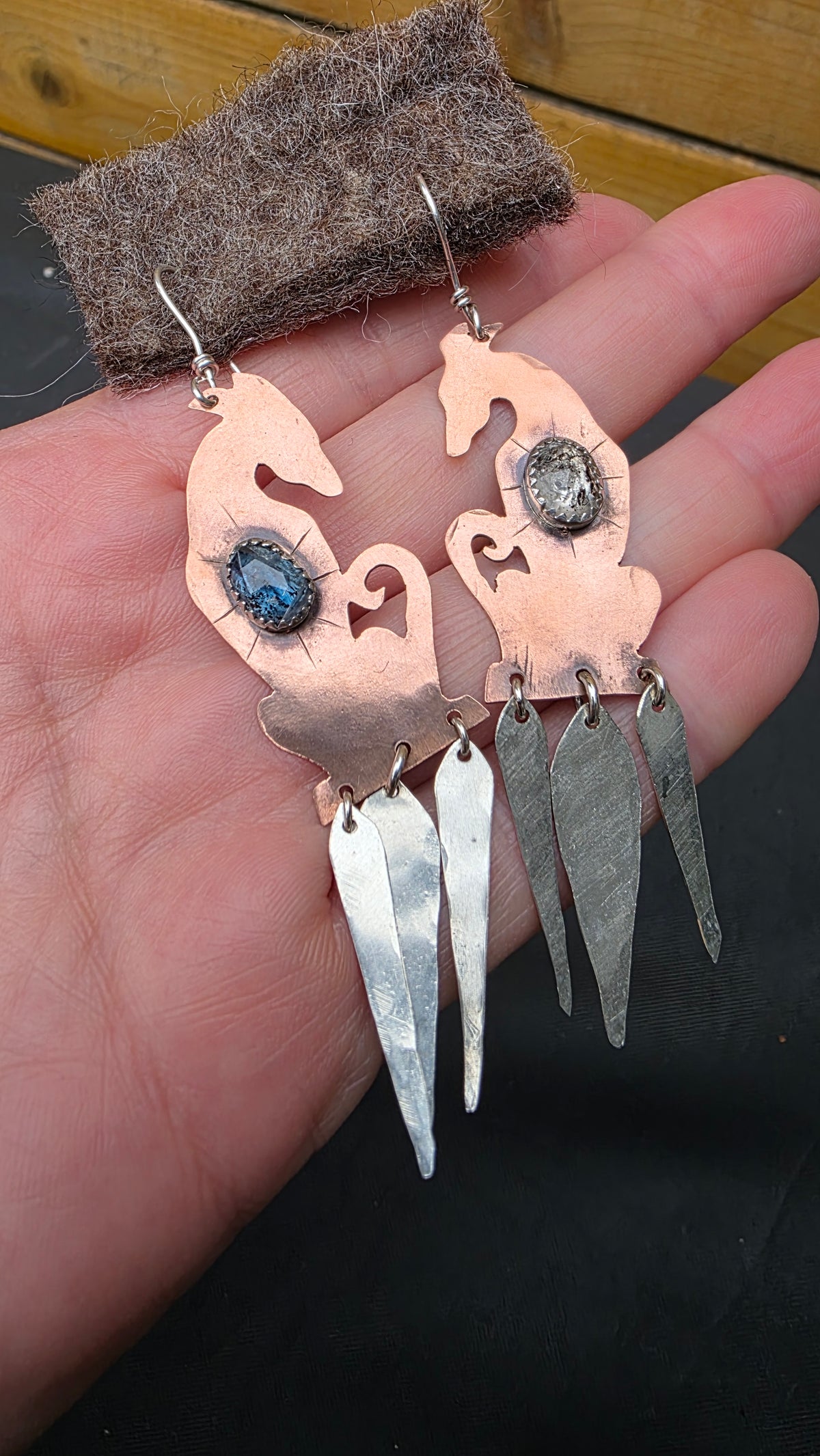 HOUNDS Earrings - Herkimer + Tanzanite in Hammered Copper and Sterling Silver