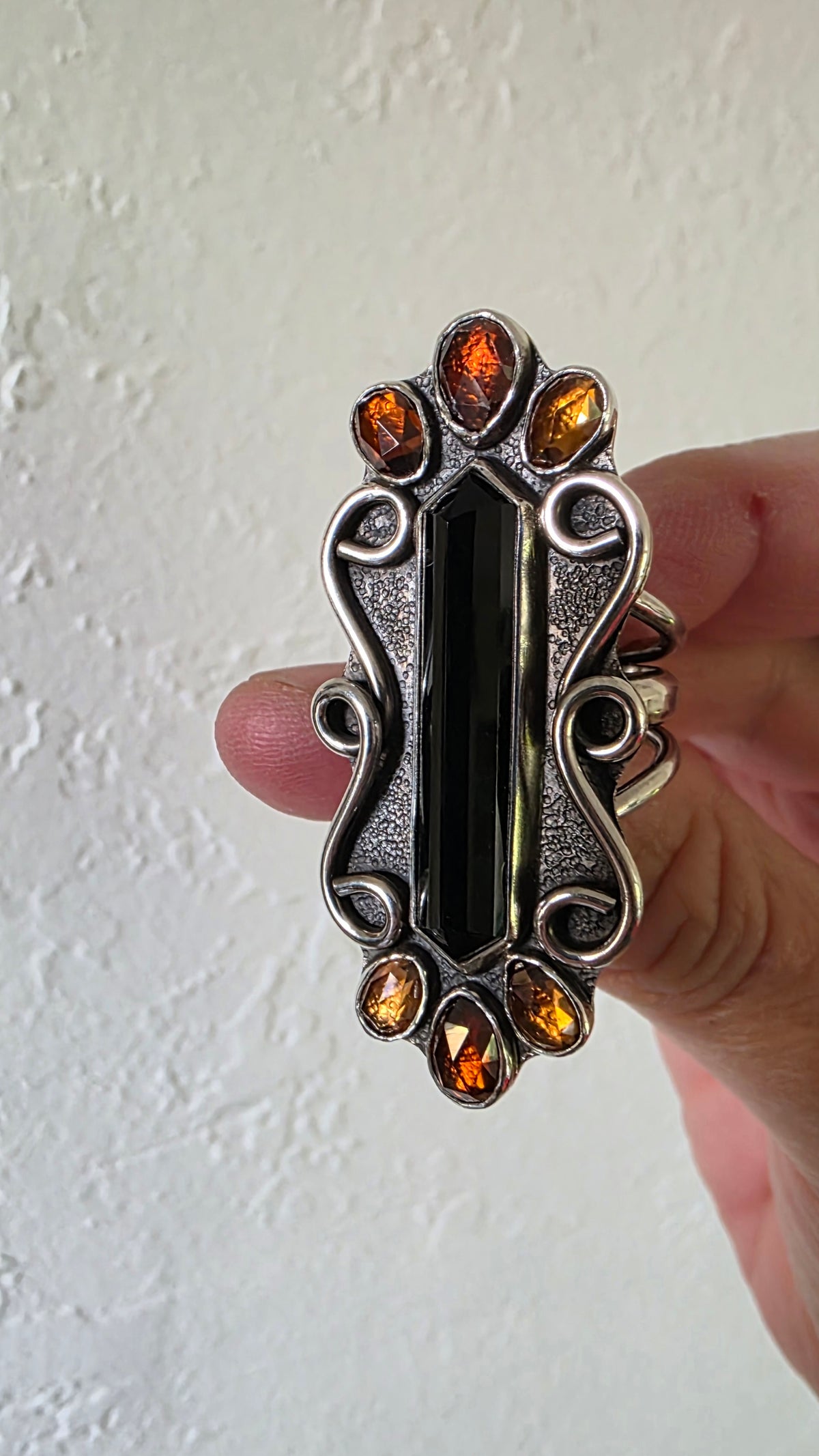 AUTUMN'S FIRE Ring - (size 8.5) Hex Cut Onyx with Zircon in Fine + Sterling Silver (Copy)