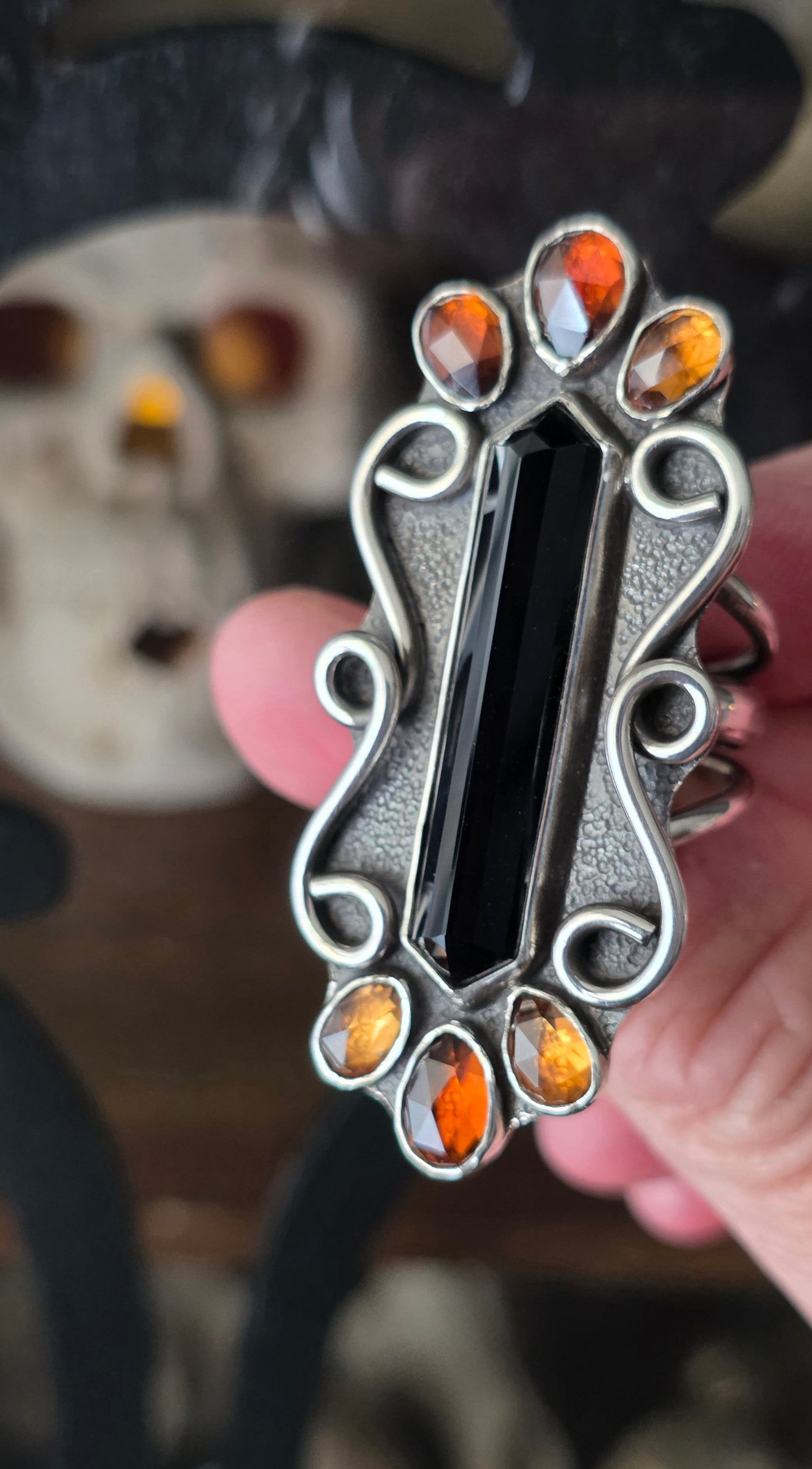 AUTUMN'S FIRE Ring - (size 8.5) Hex Cut Onyx with Zircon in Fine + Sterling Silver (Copy)