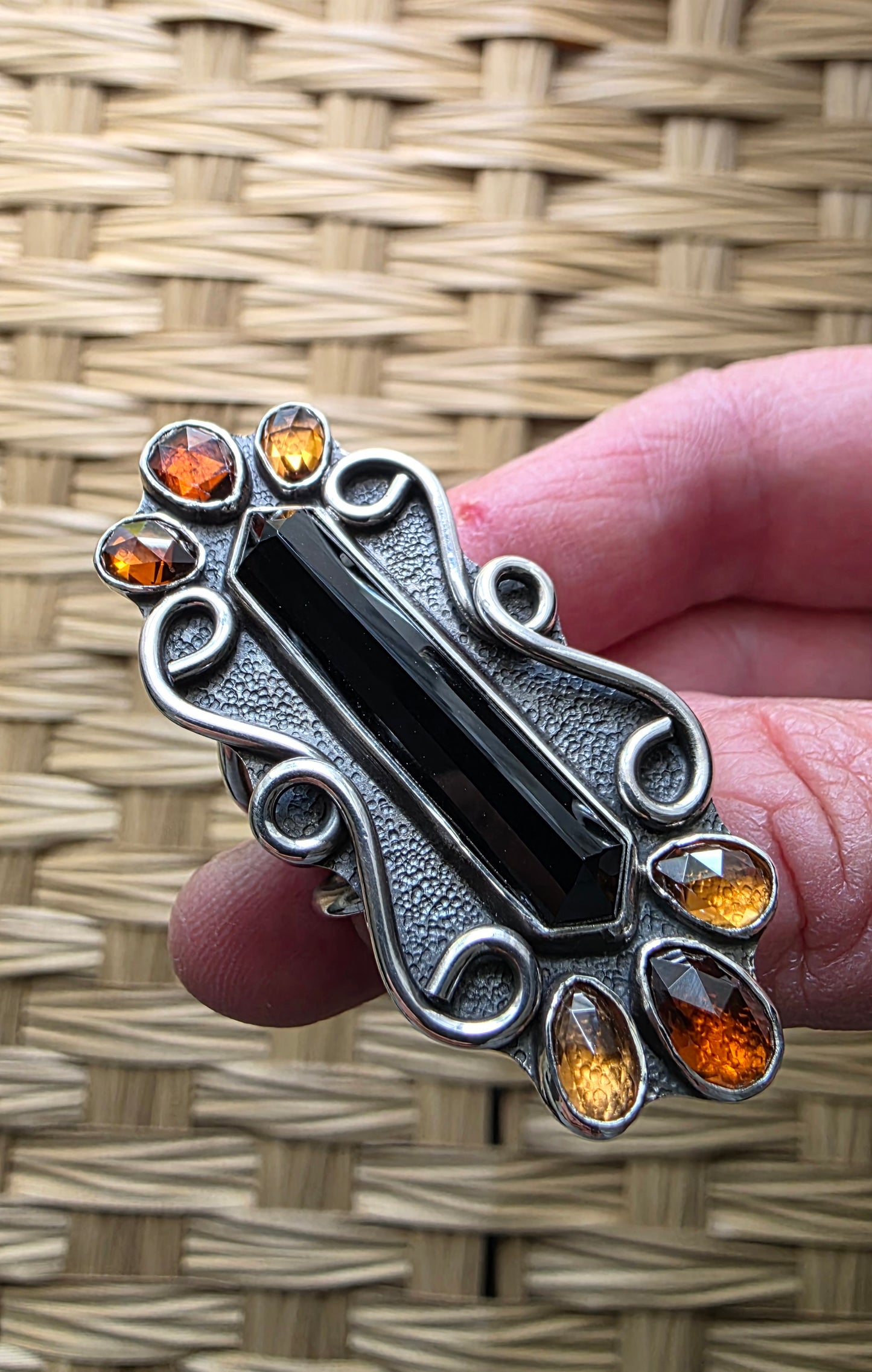 AUTUMN'S FIRE Ring - (size 8.5) Hex Cut Onyx with Zircon in Fine + Sterling Silver (Copy)